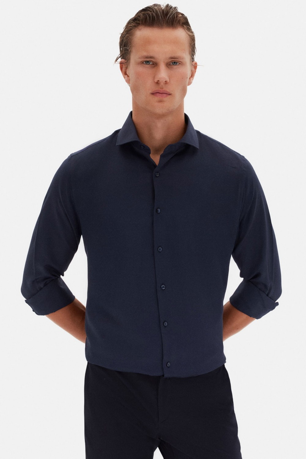 D'S Damat Slim Fit Mavi Italyan Yaka Armürlü Uzun Kollu Kolay Ütülenebilir Nefes Alan Dört Mevsim Göm 2HF02ORT3185 görsel 4