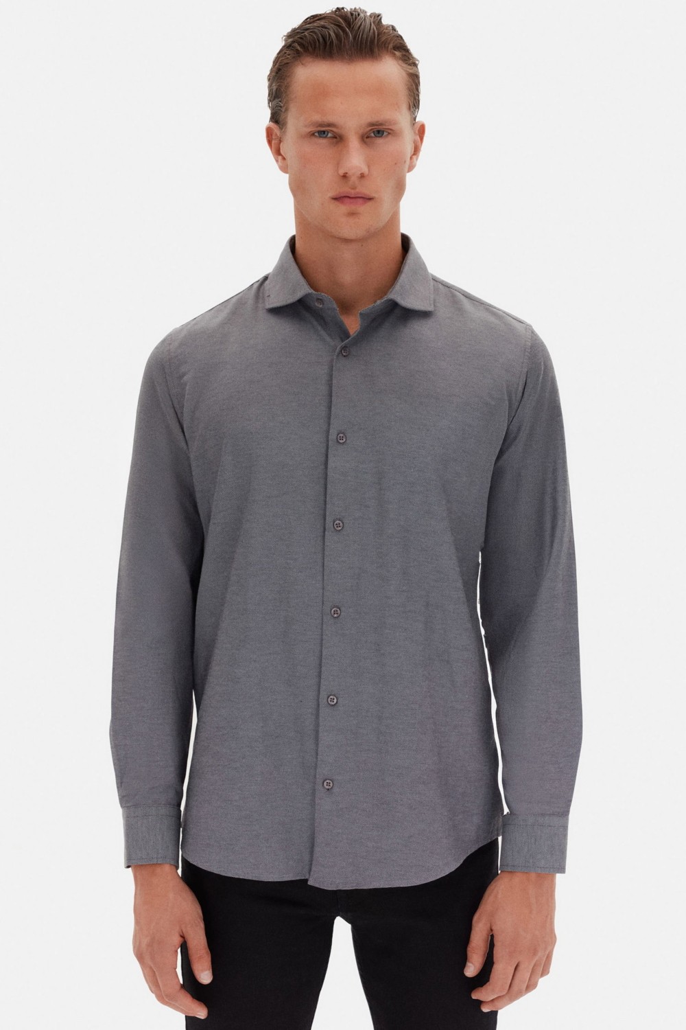 D'S Damat Slim Fit Antrasit Italyan Yaka Armürlü Uzun Kollu Kolay Ütülenebilir Nefes Alan Dört Mevsim Gömlek 2HF02ORT3185