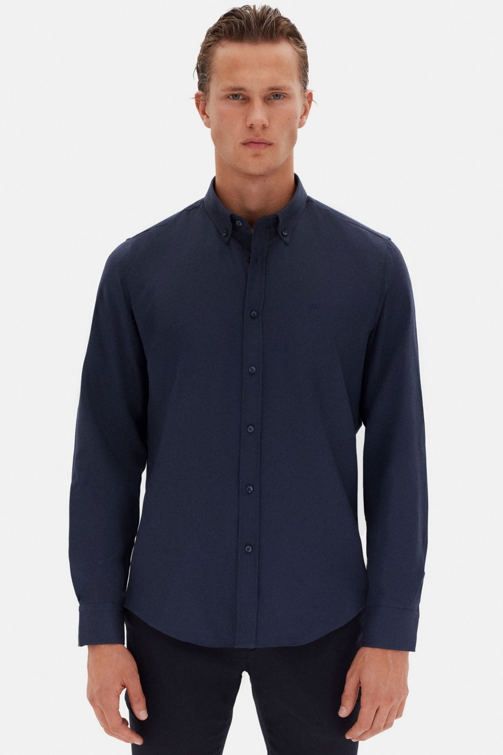 D'S Damat Slim Fit Bej Oxford Düğmeli Yaka Kolay Ütülenebilir Nakış Detaylı Pamuklu Gömlek 4HC02ORT03265 görsel 8