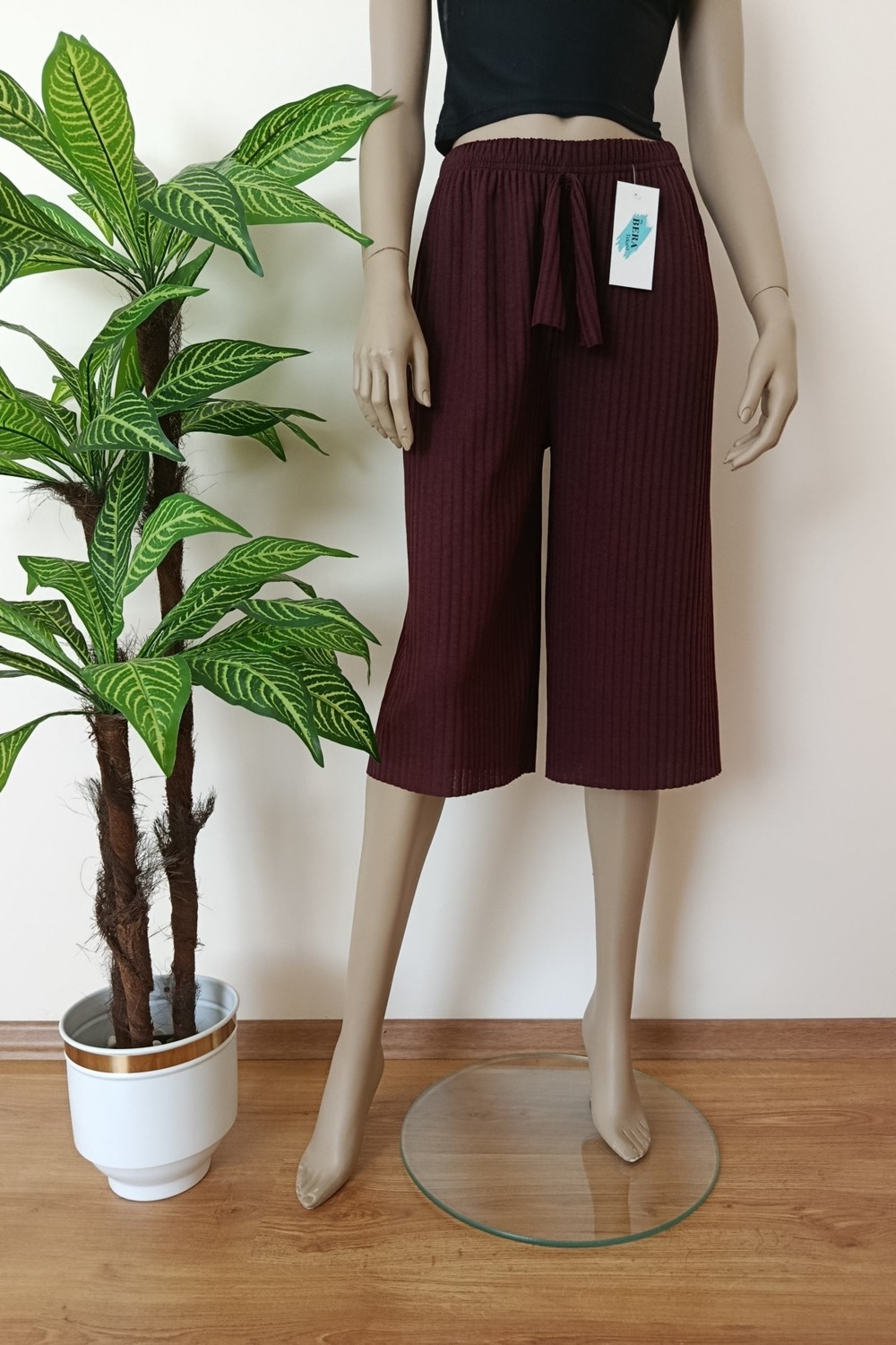 Vip Bera Tekstil Kadın Bordo Fitilli Çizgili Penye Pamuklu Bermuda Alt görsel 3