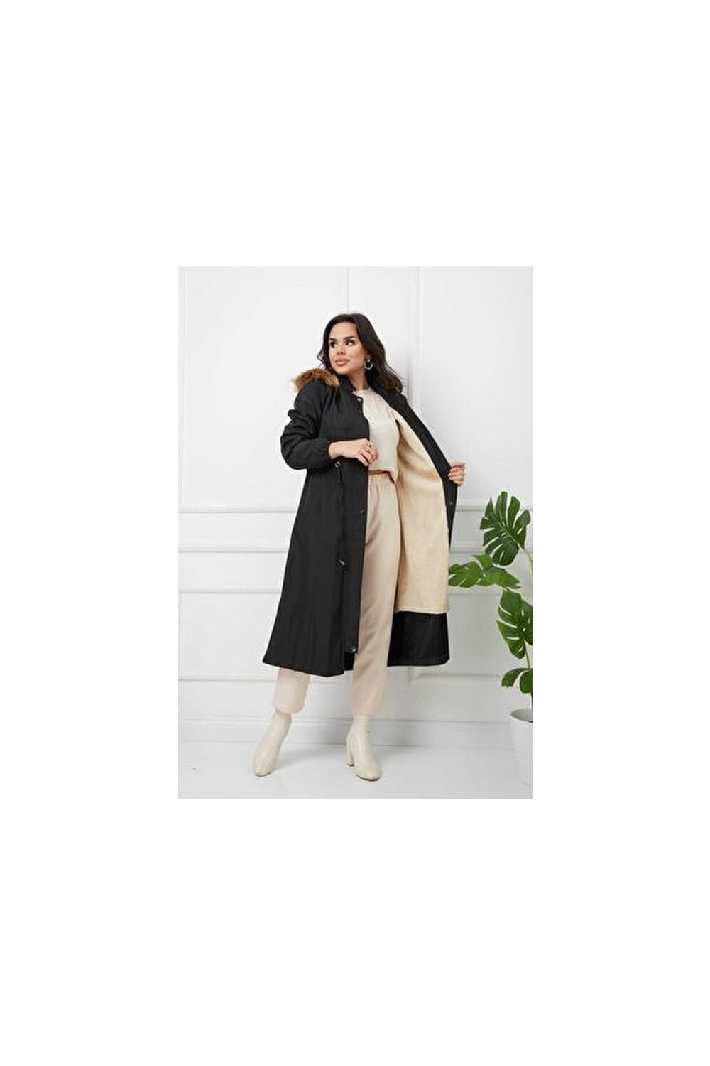 Vibeys Collection Lacivert Içi Kürkü ve Su Geçirmez Bayan Kışlık Mont&kaban görsel 7
