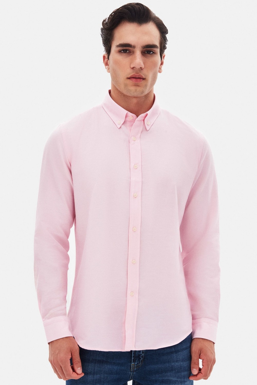 D'S Damat Slim Fit Beyaz Armürlü Düğmeli Yaka Pamuklu Gömlek 5HC02ORT07265 görsel 2