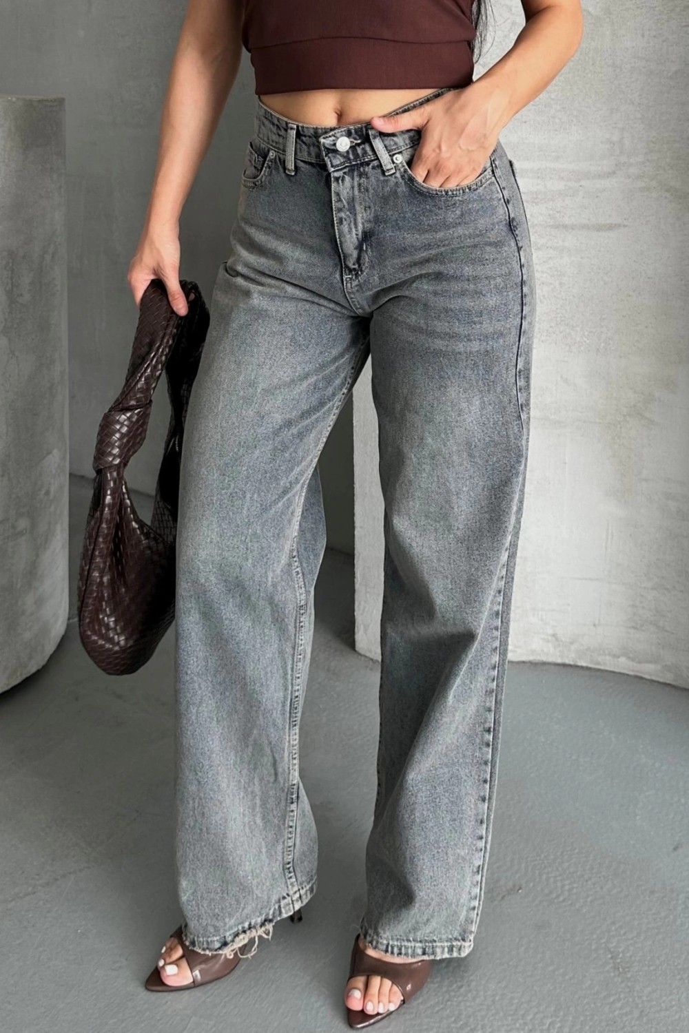 OEY Fashions Palazzo Bıyık Kar Yıkama Buz Mavi Jeans Pantolon D2008