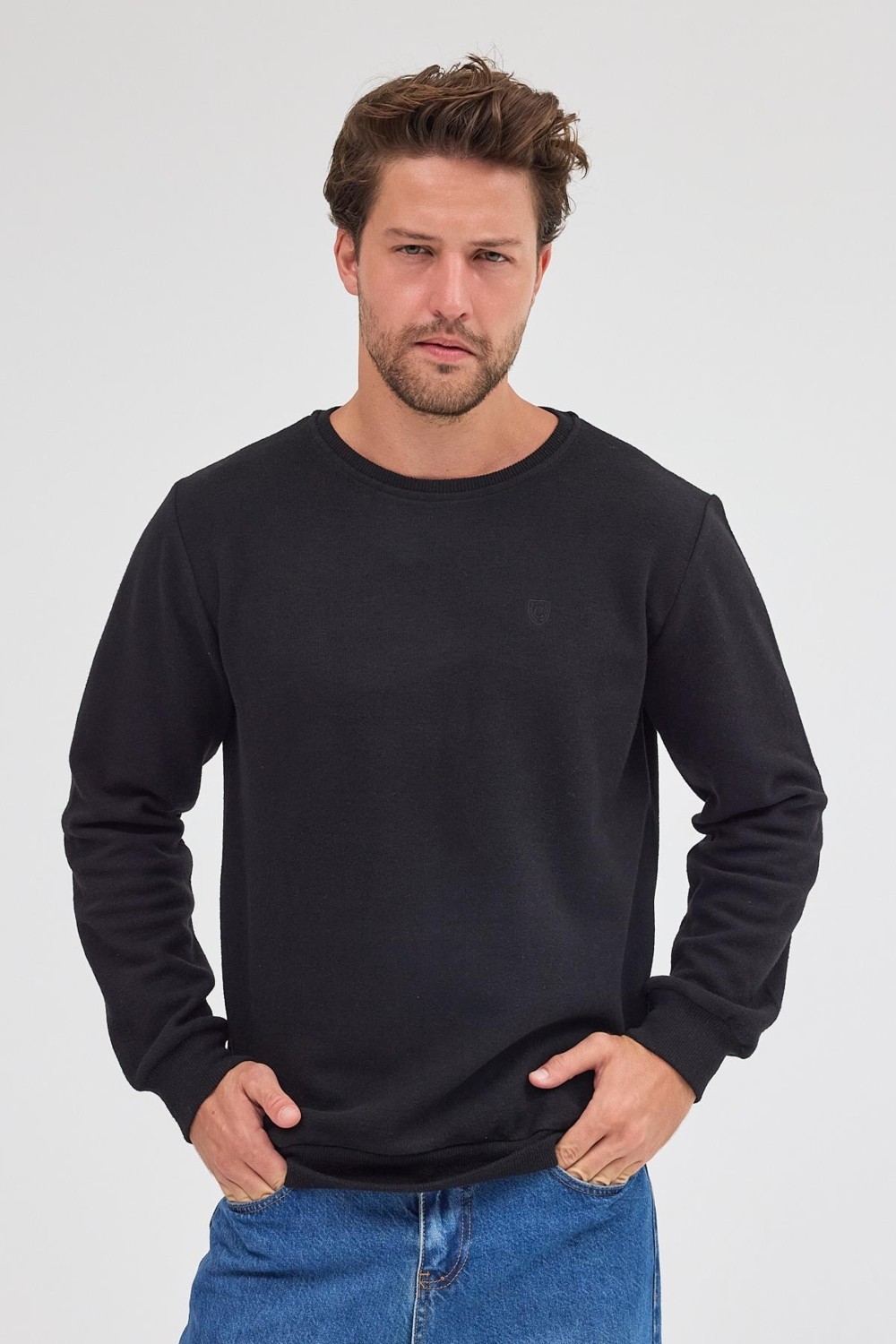 Mmetalic Erkek Haki Standart Fit Normal Kesim Pamuklu Basic Bisiklet Yaka Sweatshirt görsel 2