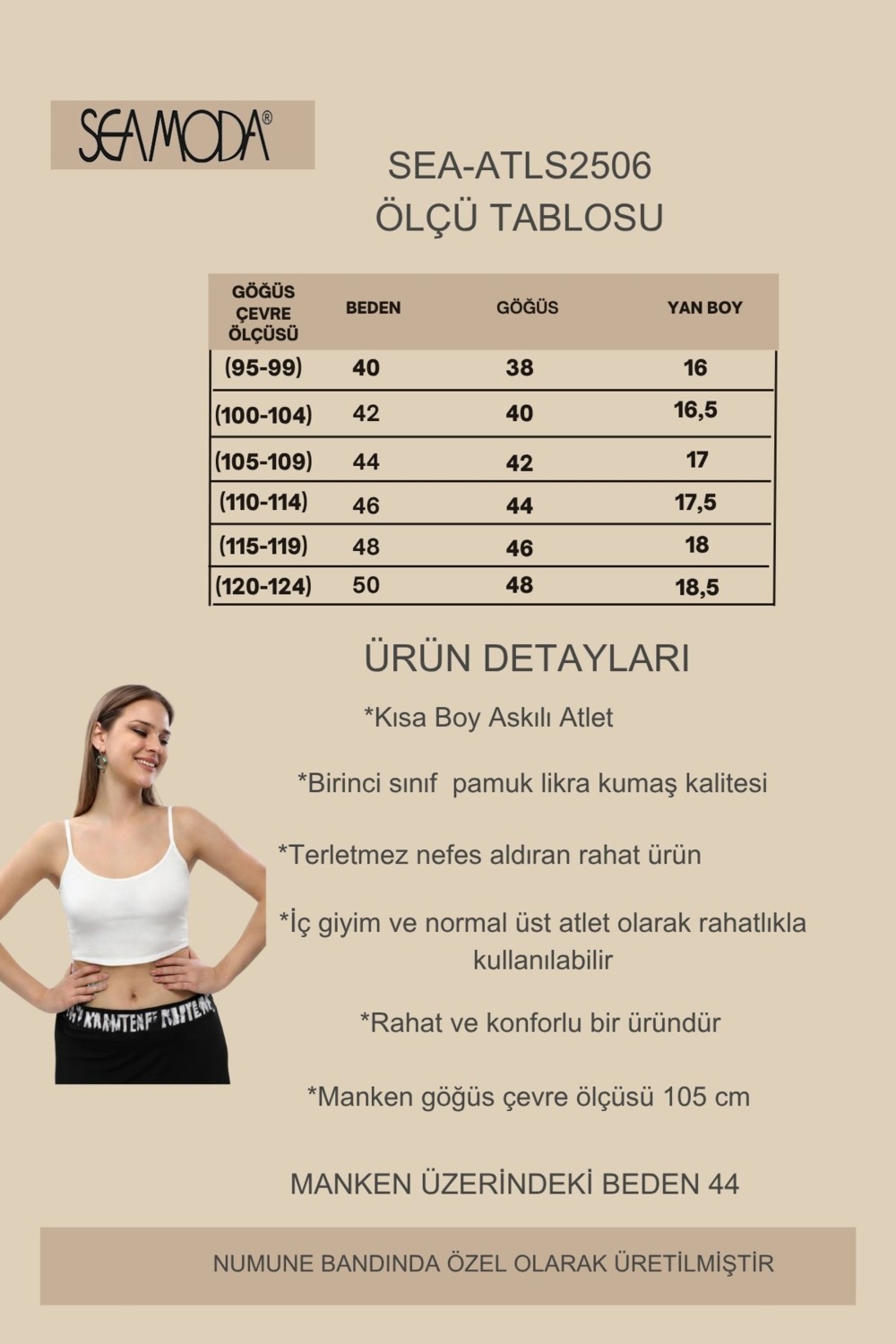 Sea Moda Büyük Beden Kadın Ip Askılı Likralı Pamuk Yarım Atlet Kırık Beyaz Rahat Tasarım görsel 2