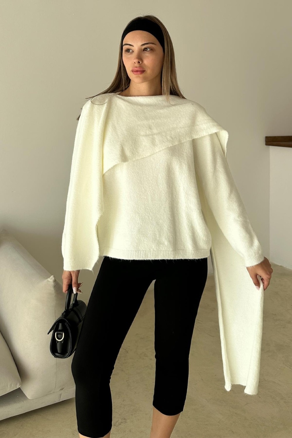 Olcay Kendinden Atkılı Triko Kazak Ekru 8266 görsel 3