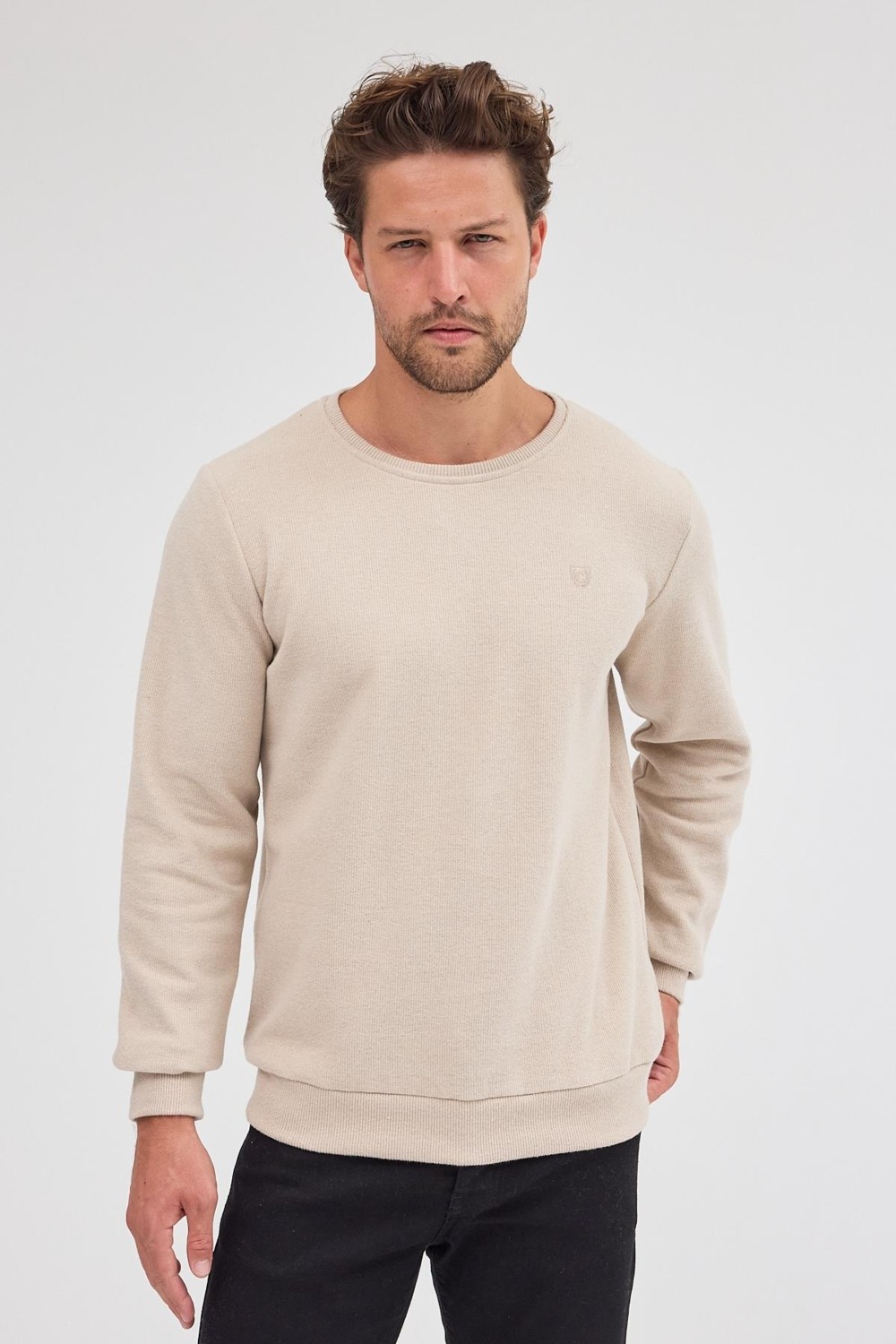Mmetalic Erkek Haki Standart Fit Normal Kesim Pamuklu Basic Bisiklet Yaka Sweatshirt