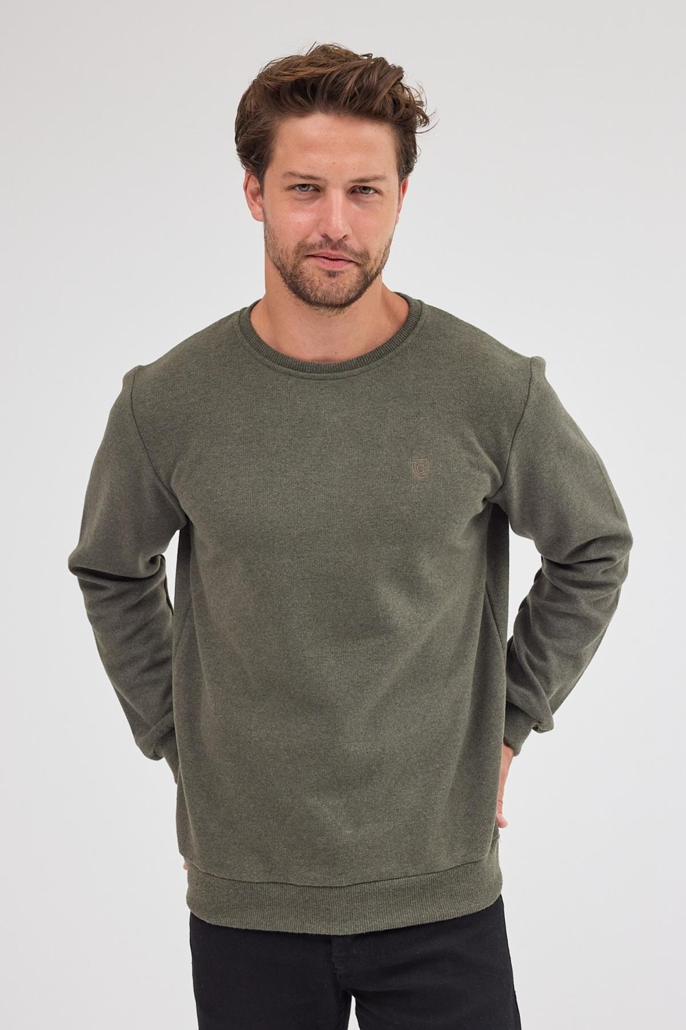 Mmetalic Erkek Haki Standart Fit Normal Kesim Pamuklu Basic Bisiklet Yaka Sweatshirt