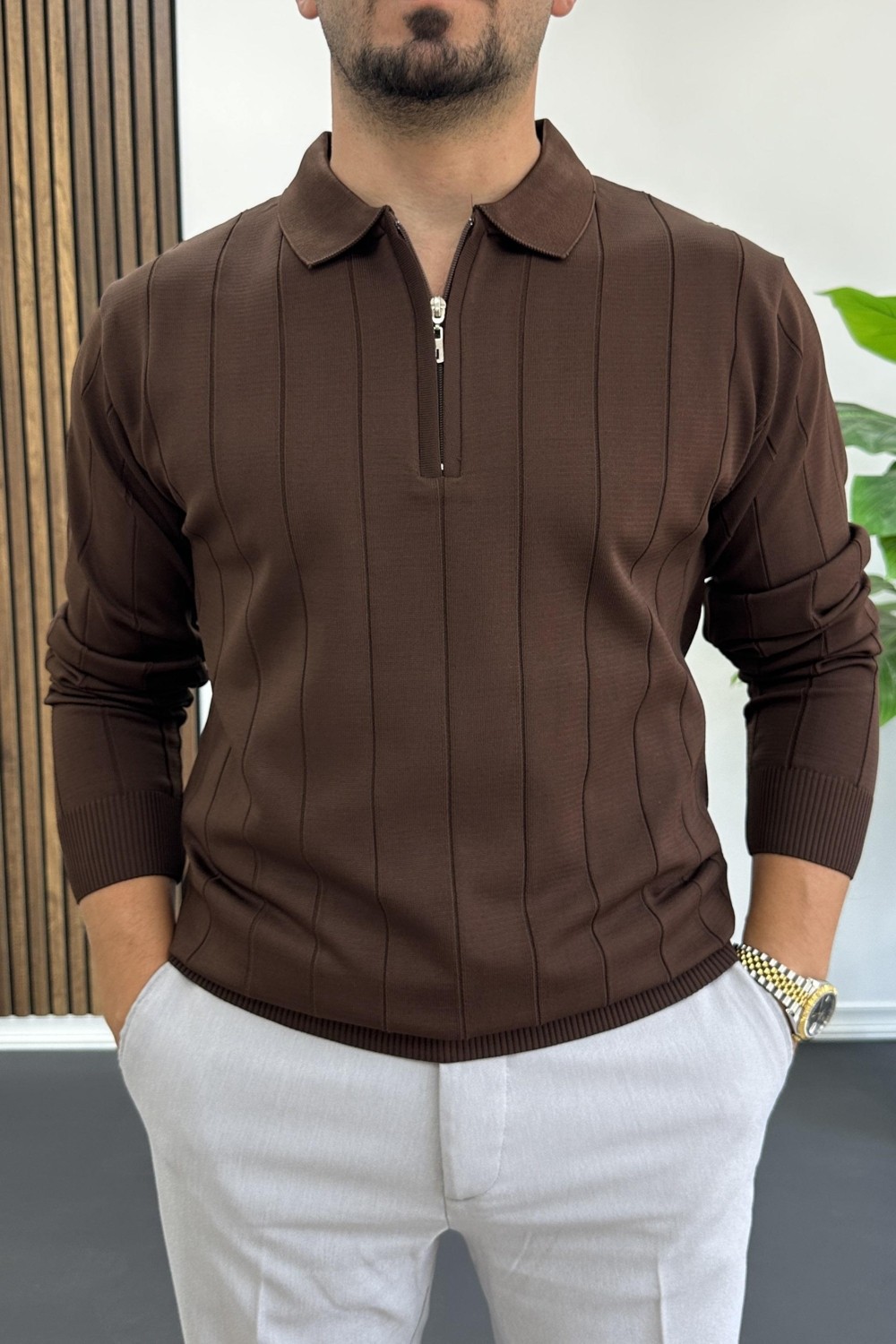 Edwox EDW195 Lacivert Erkek Yarım Fermuarlı Polo Yaka Mevsimlik Kazak Klasik Stil Uzun Kol