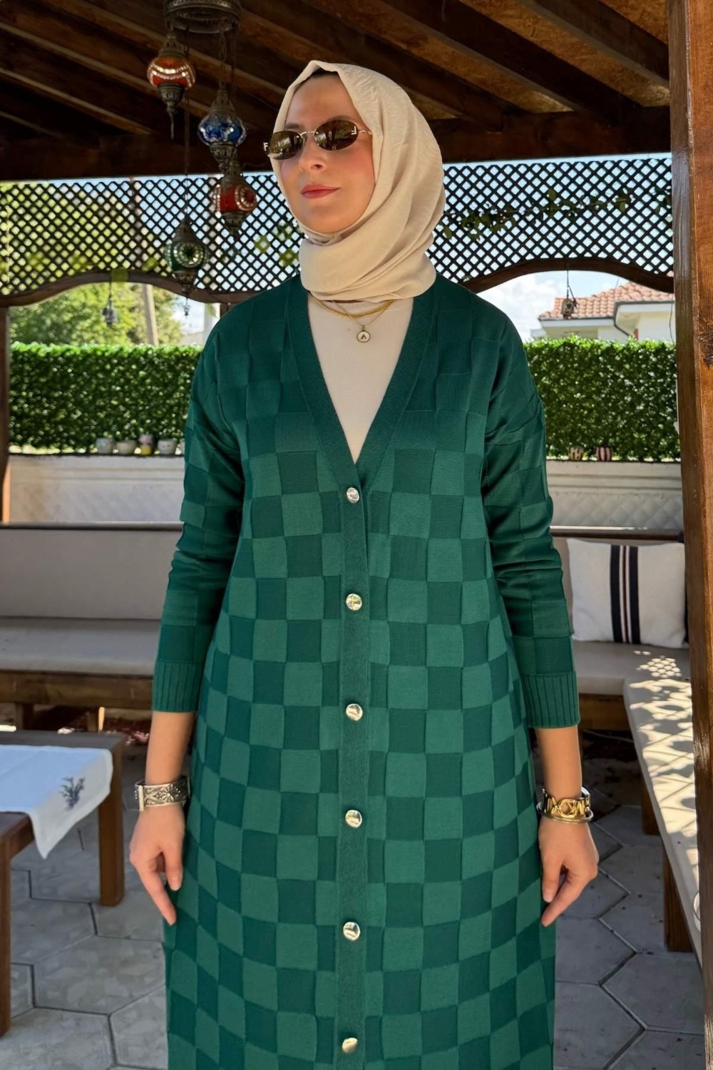 Rabia Şamlı Dama Desenli Triko Hırka Zümrüt görsel 2