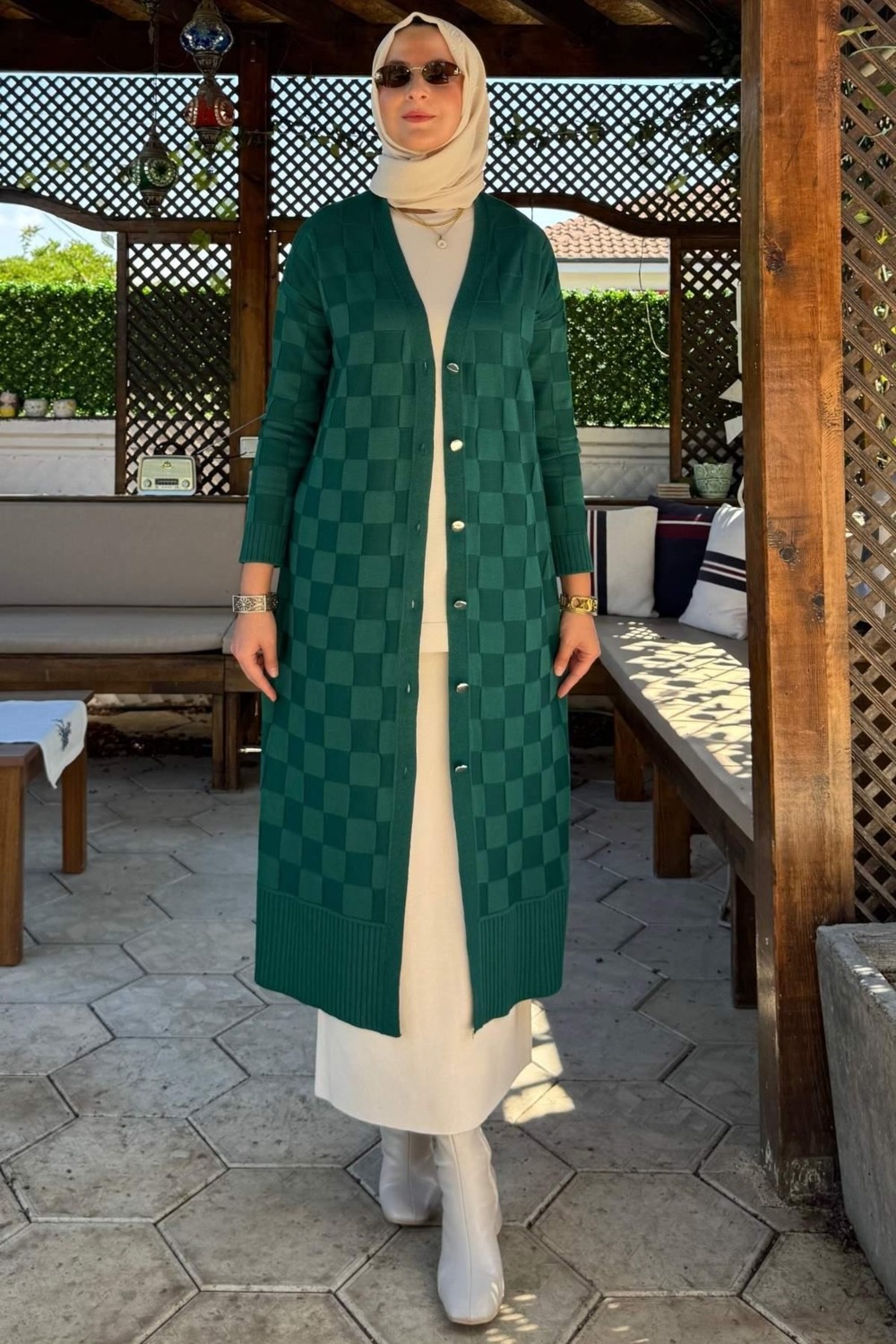 Rabia Şamlı Dama Desenli Triko Hırka Zümrüt görsel 3