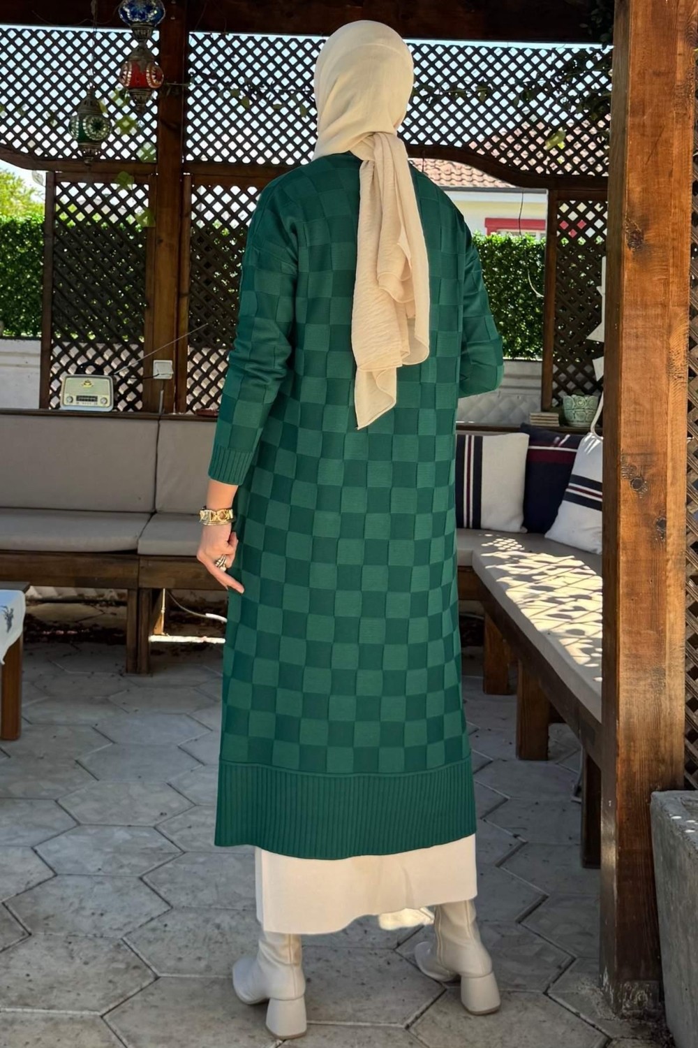 Rabia Şamlı Dama Desenli Triko Hırka Zümrüt görsel 5
