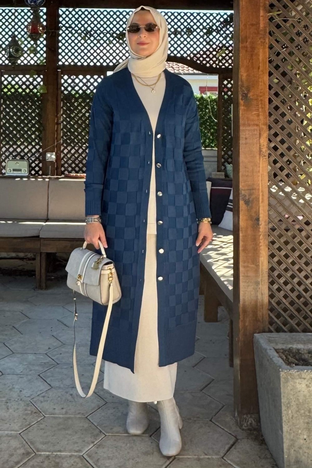 Rabia Şamlı Dama Desenli Triko Hırka Indigo