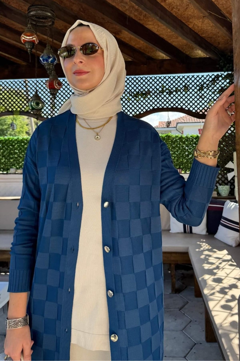Rabia Şamlı Dama Desenli Triko Hırka Indigo görsel 2