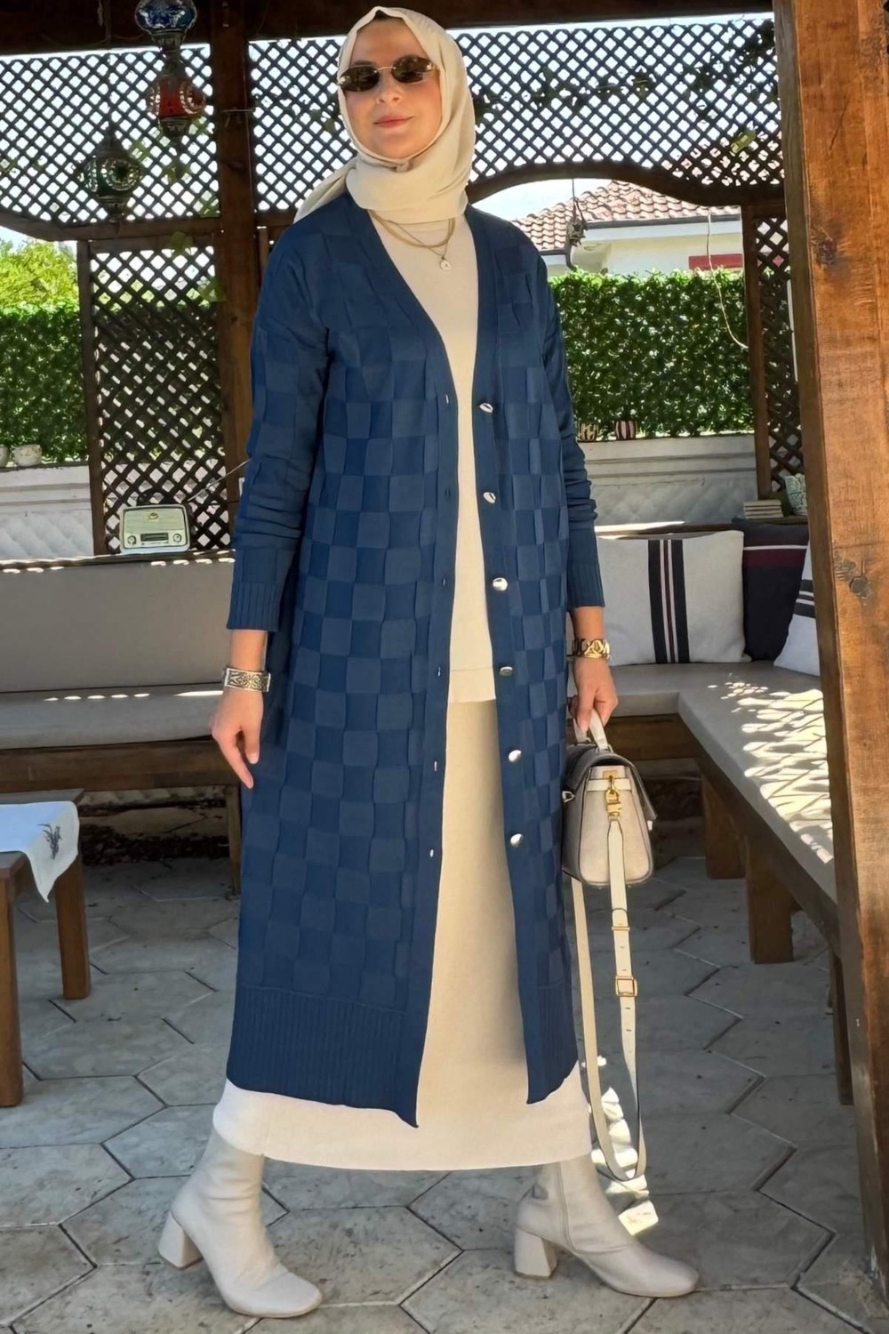 Rabia Şamlı Dama Desenli Triko Hırka Indigo görsel 3