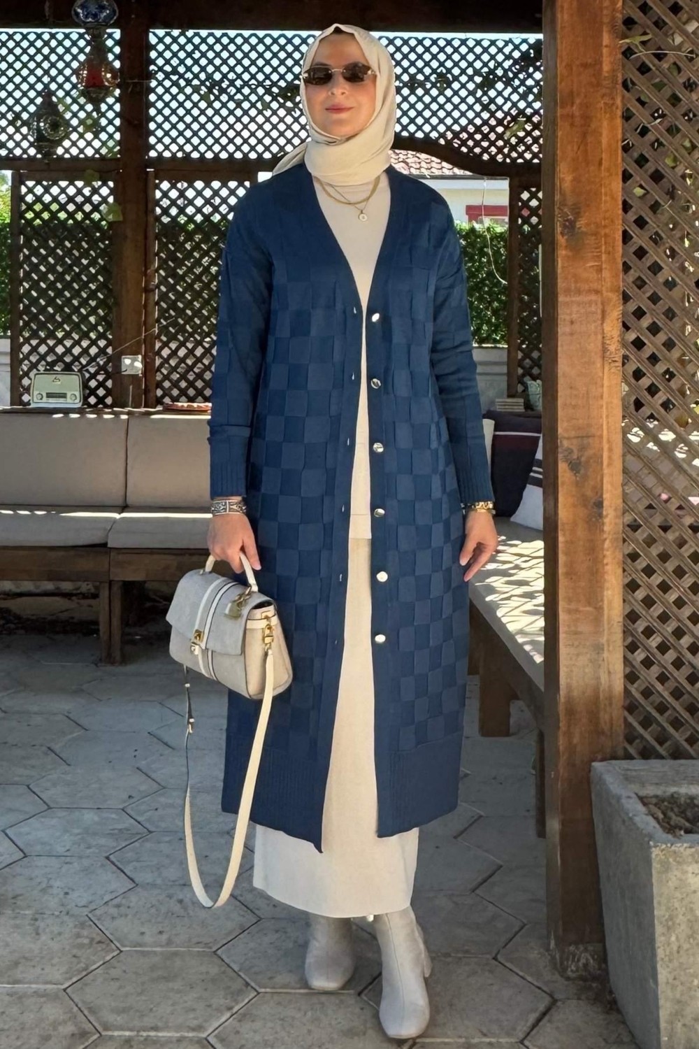 Rabia Şamlı Dama Desenli Triko Hırka Indigo görsel 4