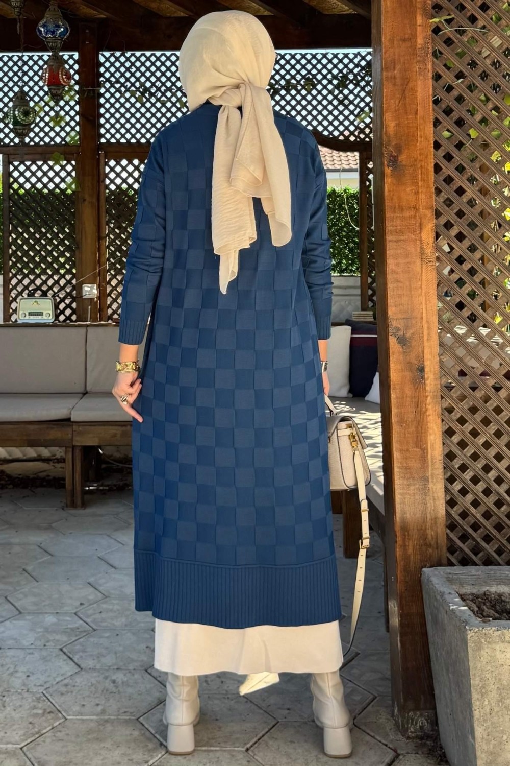 Rabia Şamlı Dama Desenli Triko Hırka Indigo görsel 5