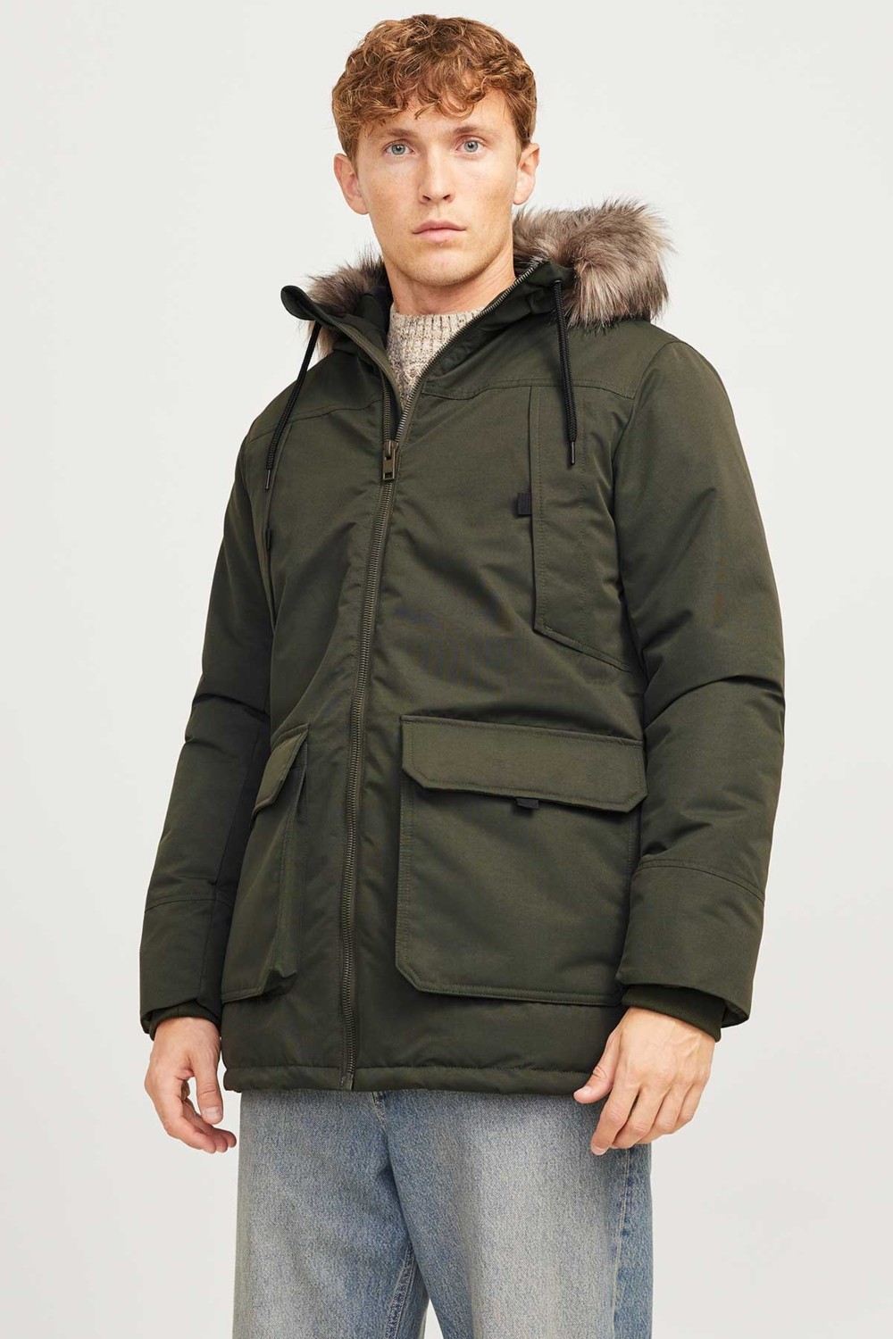 Jack & Jones JJECONSTRUCT FAUX FUR PAR Haki Erkek Uzun Kaban görsel 6