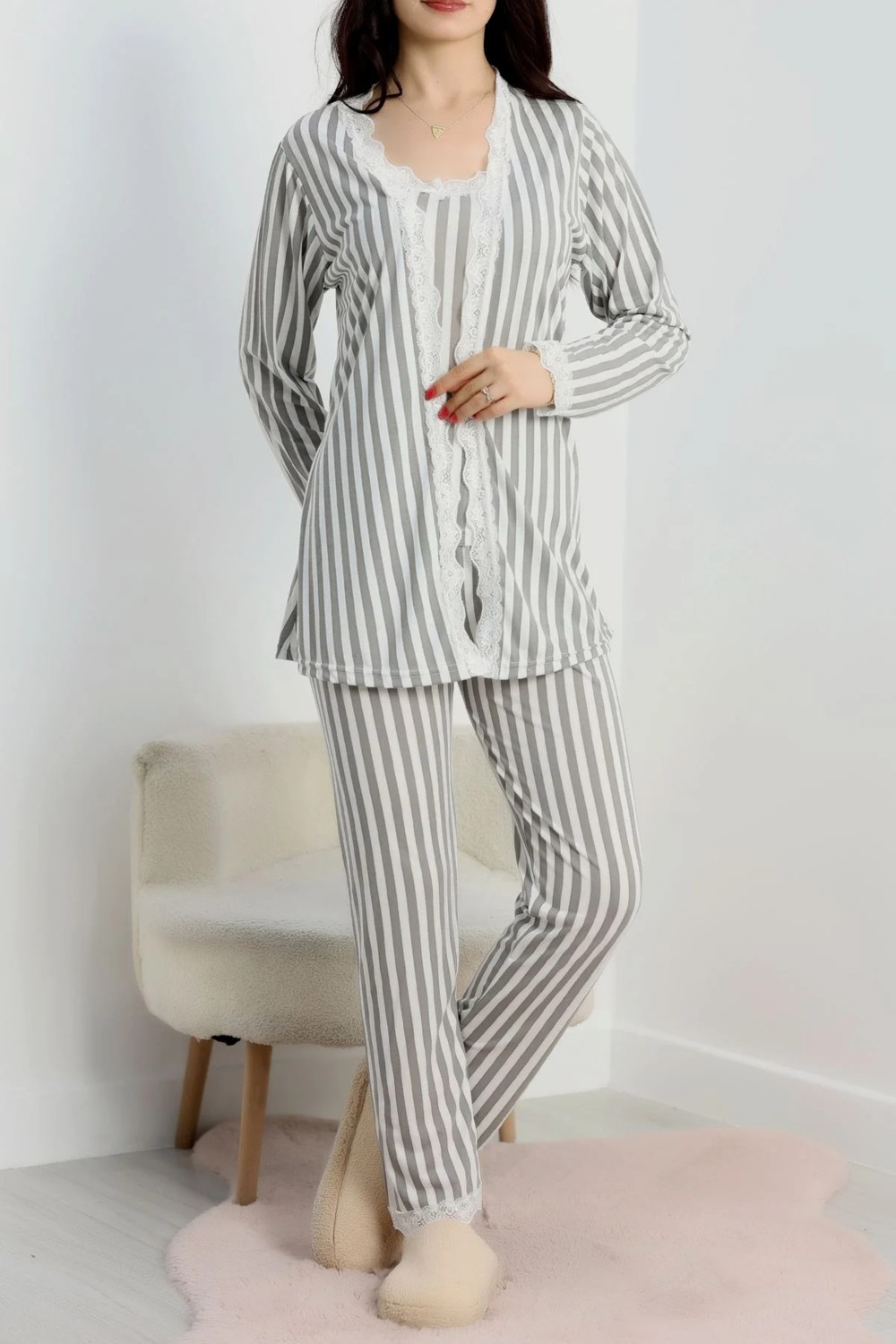 Gri Çizgili 3lü Vizon Pijama Set