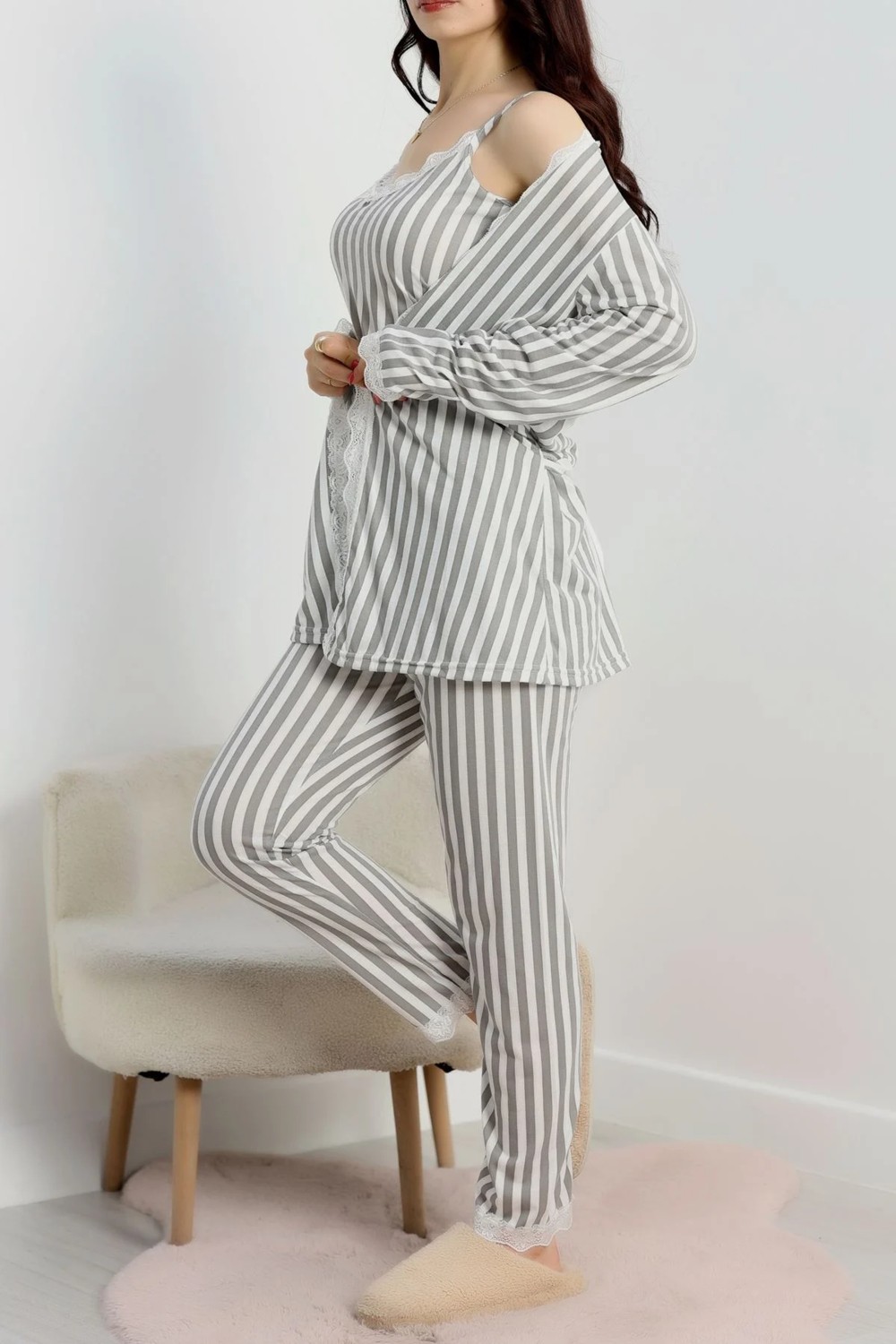 Gri Çizgili 3lü Vizon Pijama Set görsel 3