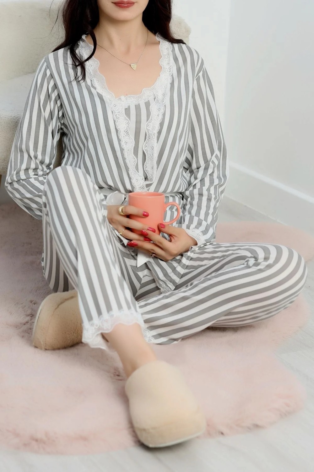 Gri Çizgili 3lü Vizon Pijama Set görsel 4