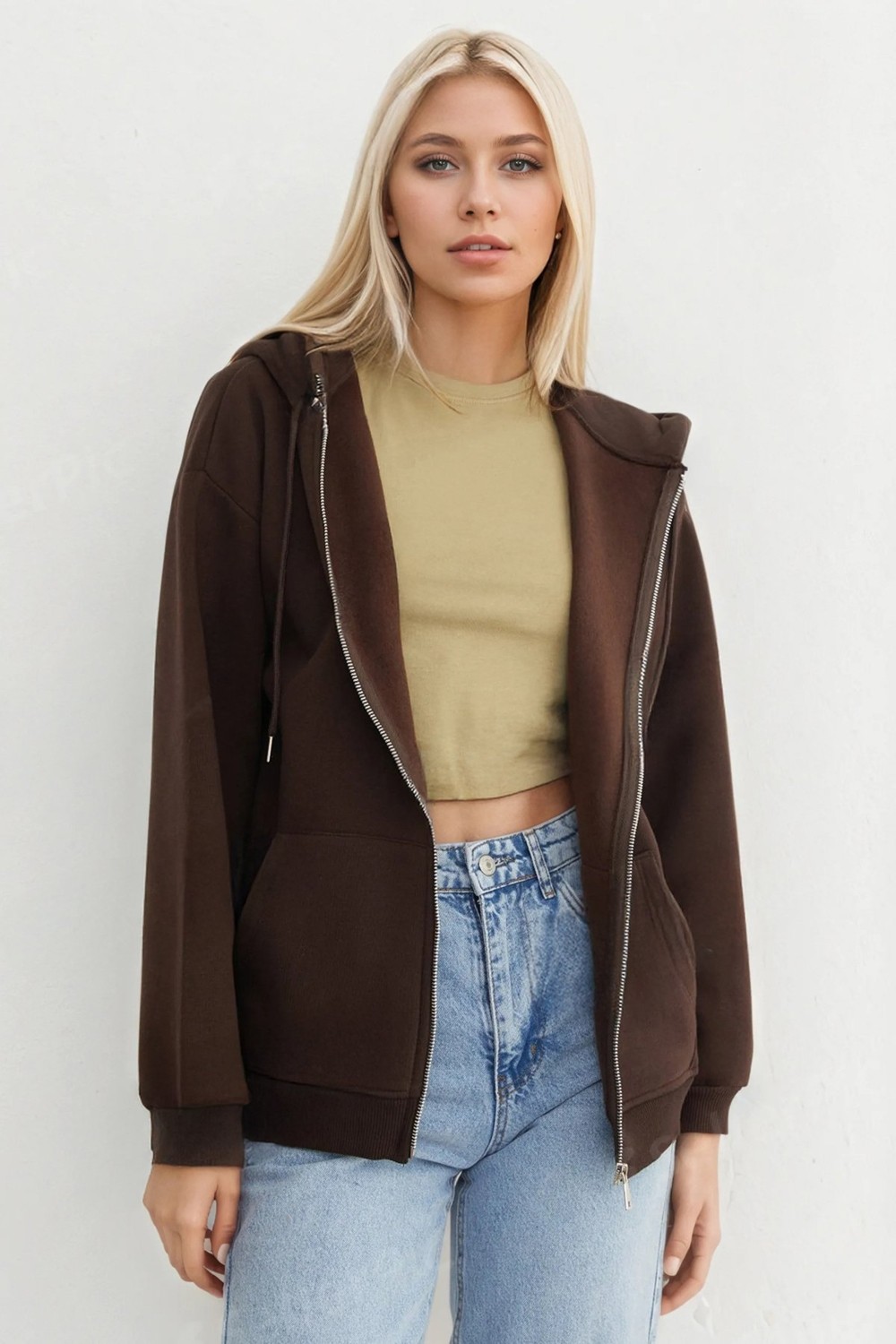 Giysa Kadın Indigo Fermuarlı Şardonlu Kapüşonlu Oversize Sweatshirt - 9015