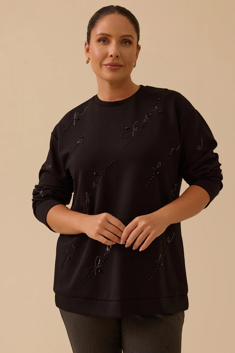 Galaxi Kadın Büyük Beden Nakış Detaylı Boncuklu Sweatshirt 4005 Siyah görsel 2