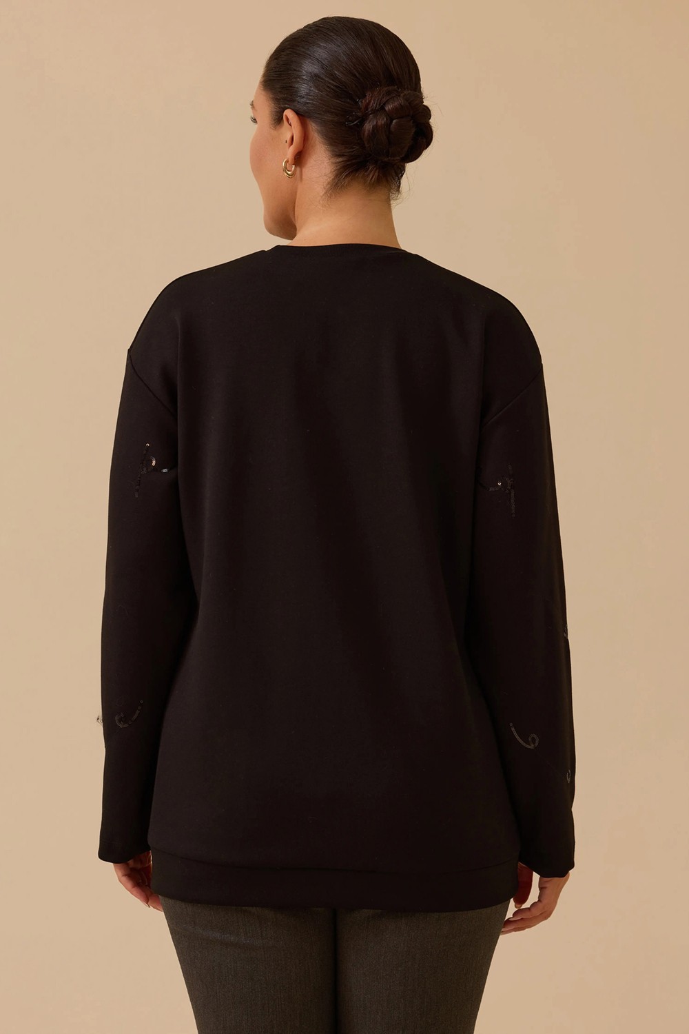 Galaxi Kadın Büyük Beden Nakış Detaylı Boncuklu Sweatshirt 4005 Siyah görsel 4