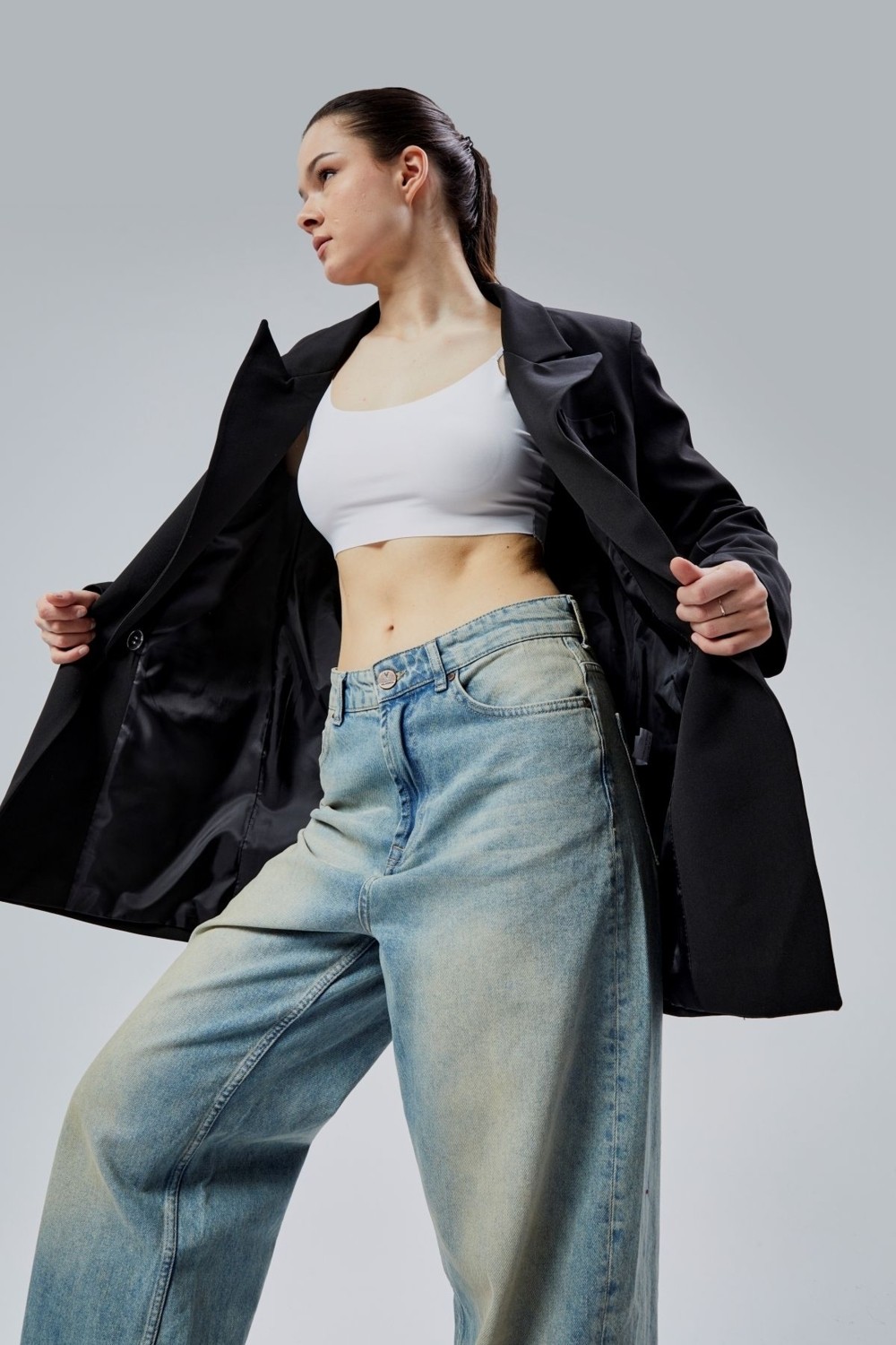 Bolivente Ekru Regular Astarlı Kruvaze Kapama Dokuma Oversize Blazer Ceket görsel 7
