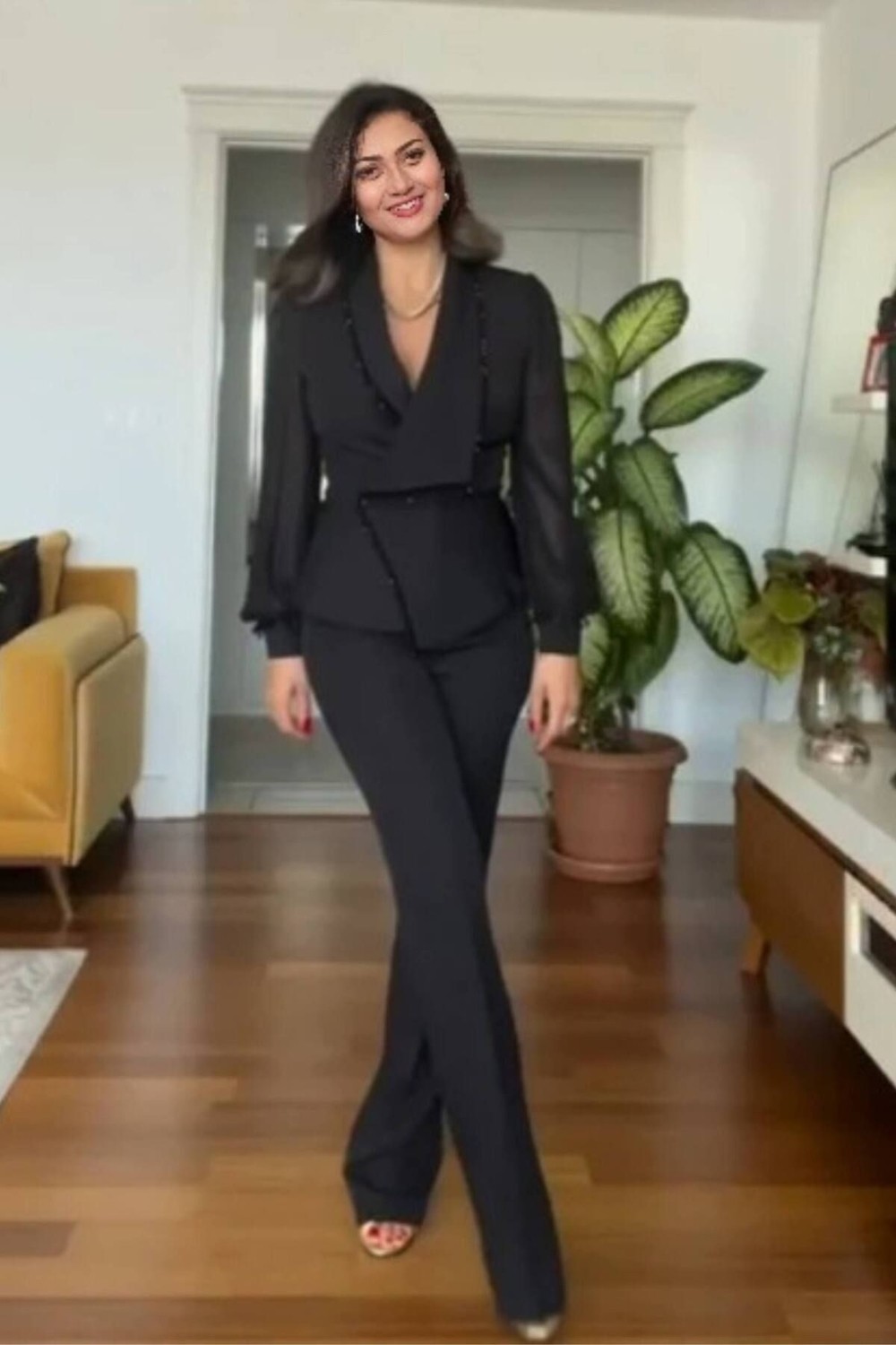 Zishan Fashion Lüks Siyah Boncuk Detaylı Kadın Ikili Takım, Şifon Kollu Ceket ve Pantolon, 36-48 Geniş Beden 415 görsel 7