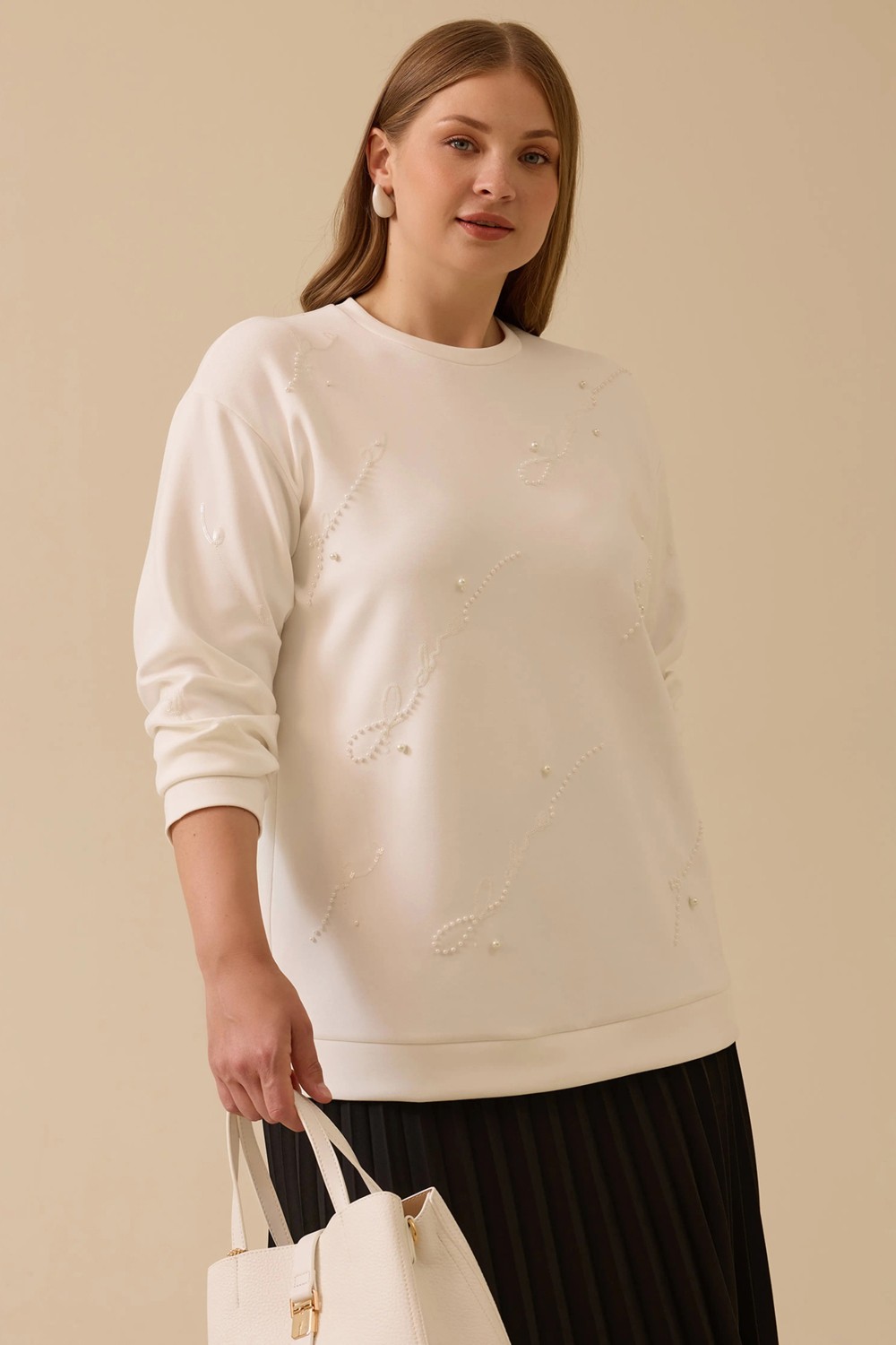 Galaxi Kadın Büyük Beden Nakış Detaylı Boncuklu Sweatshirt 4005 Siyah görsel 5