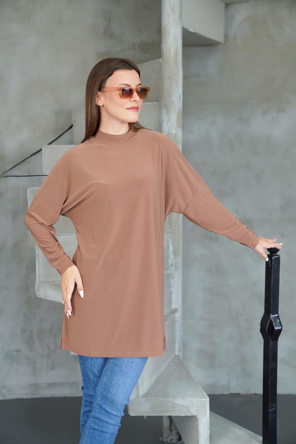 Penye Bizden Tesettür Extra Uzun Tunik -Krem görsel 3