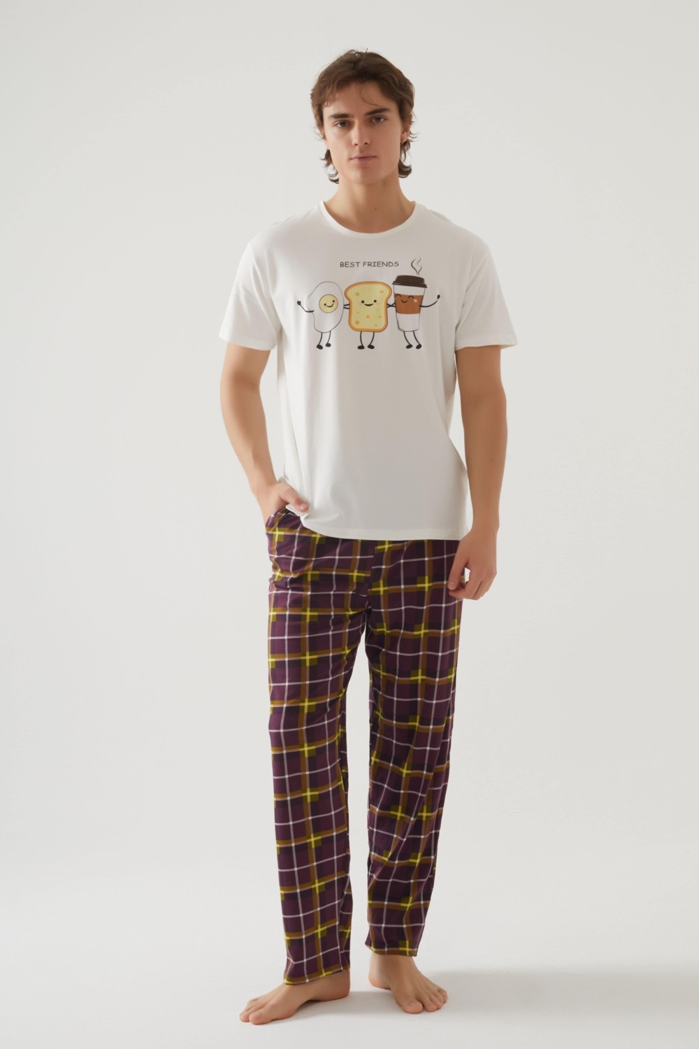 Koza İç Giyim Erkek Kısa Kollu Pamuklu Ekose Desenli Breakfast Baskılı Pijama Takımı görsel 8