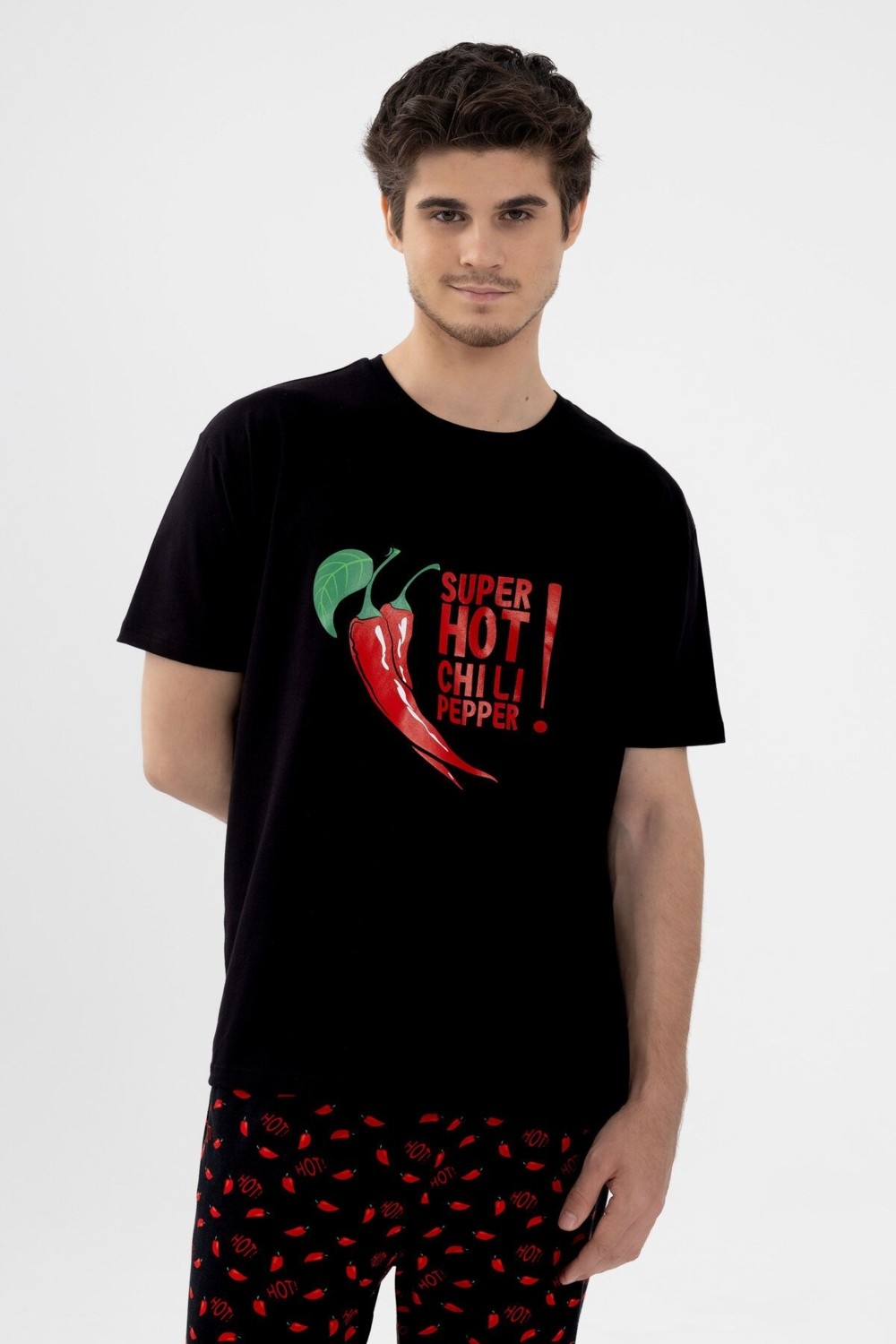 Koza İç Giyim Erkek Pamuklu Kısa Kollu Chilli Baskılı Cep Detaylı Pijama Takımı görsel 6