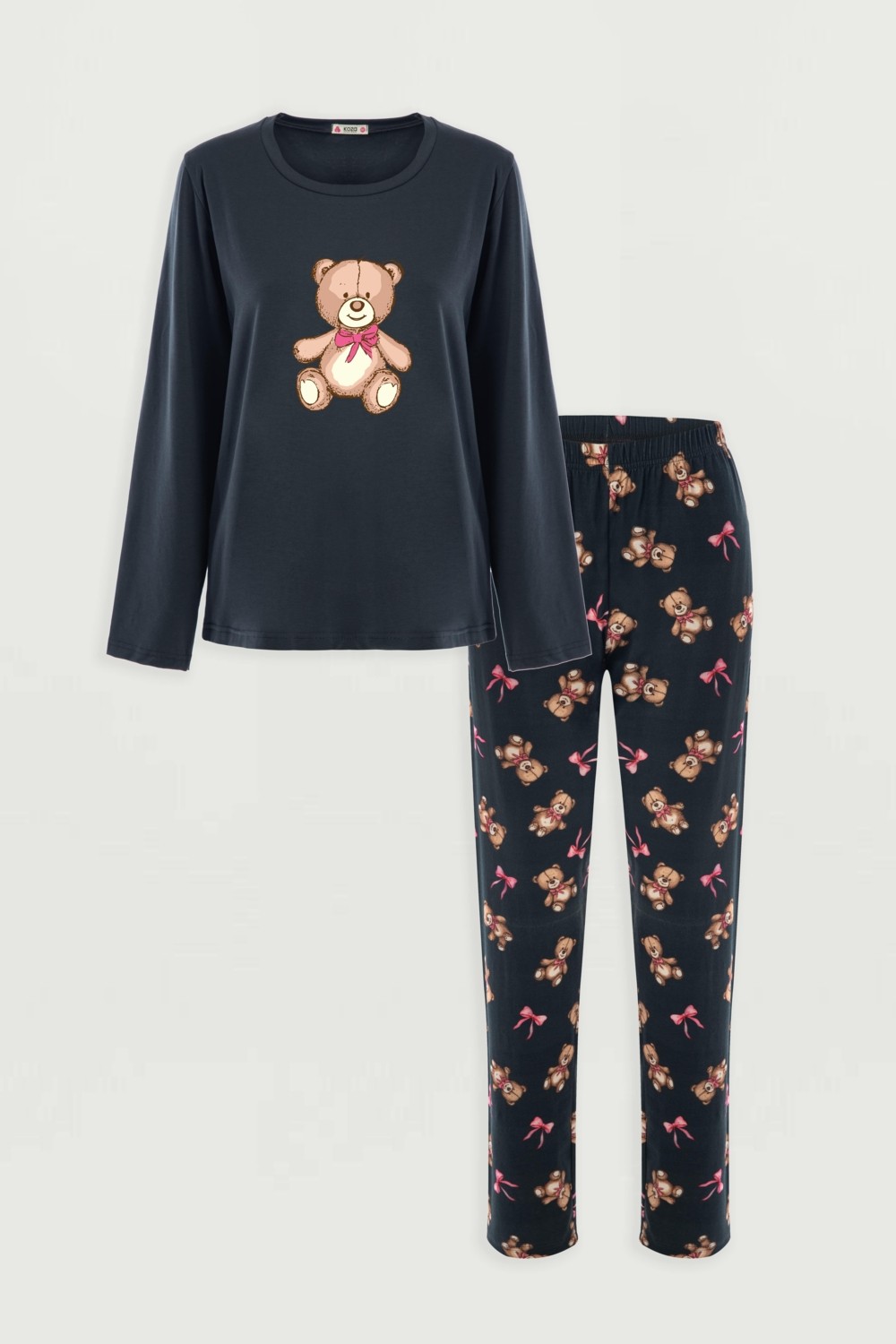 Koza İç Giyim Kadın Pamuklu Ayıcıklı Pijama Takımı Kahverengi Füme Sevimli Desenli Konfor görsel 5