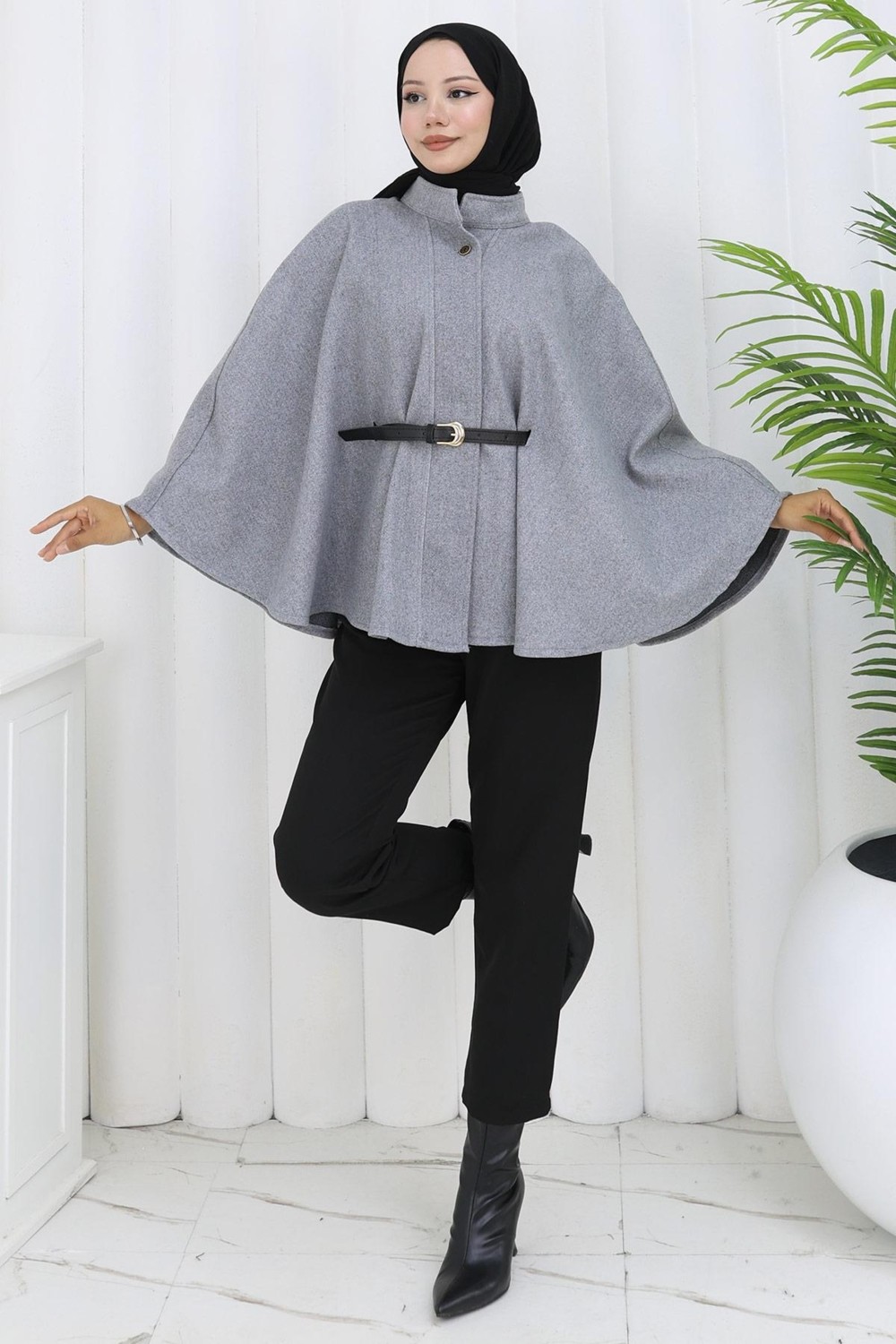 Kemerli Kaşe Panço Gri HM2842 görsel 3