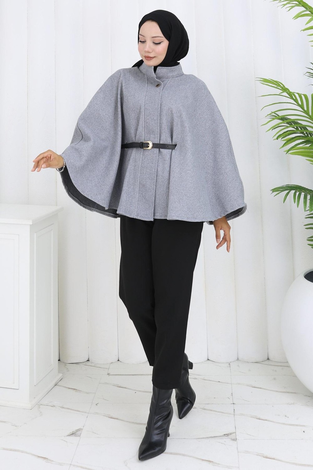 Kemerli Kaşe Panço Gri HM2842 görsel 4