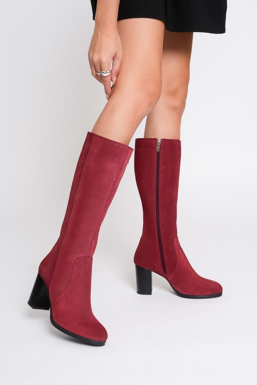 Analin Shoes Kadın Hakiki Deri Topuklu Süet Çizme - Bordo görsel 6