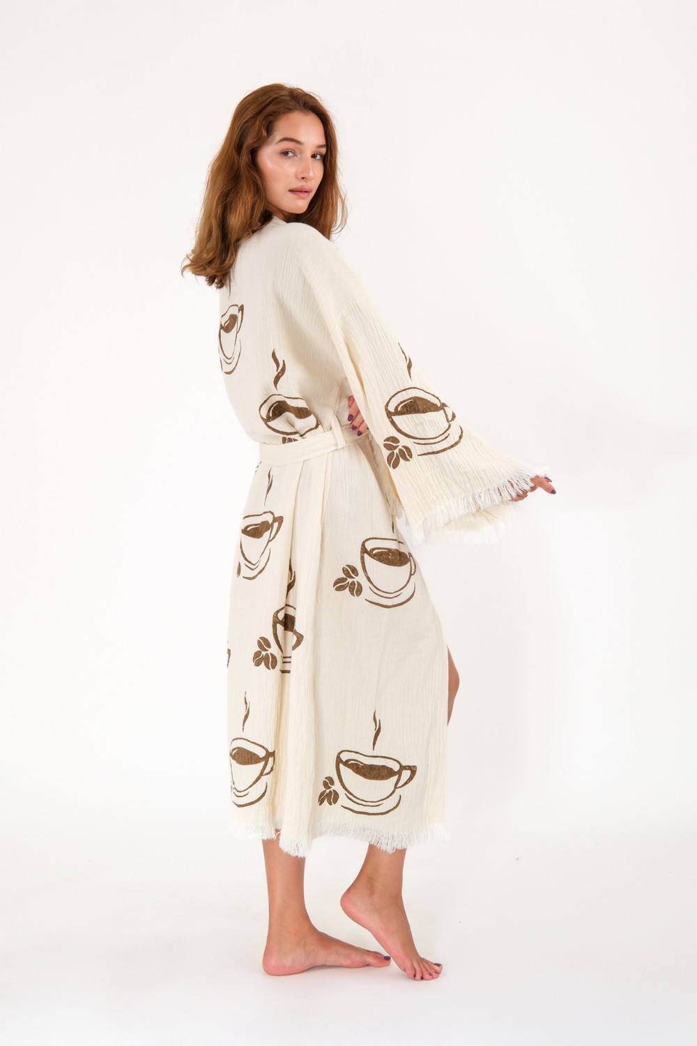 Befera Design Müslin Kimono %100 Pamuklu Coffee Kahve Baskılı Desenli Bornoz Kaftan Sabahlık görsel 3