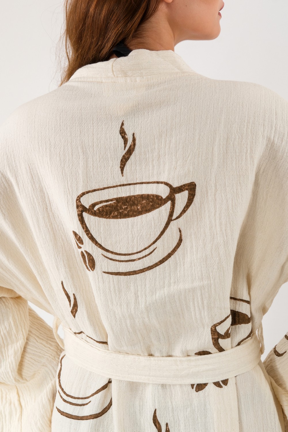 Befera Design Müslin Kimono %100 Pamuklu Coffee Kahve Baskılı Desenli Bornoz Kaftan Sabahlık görsel 4