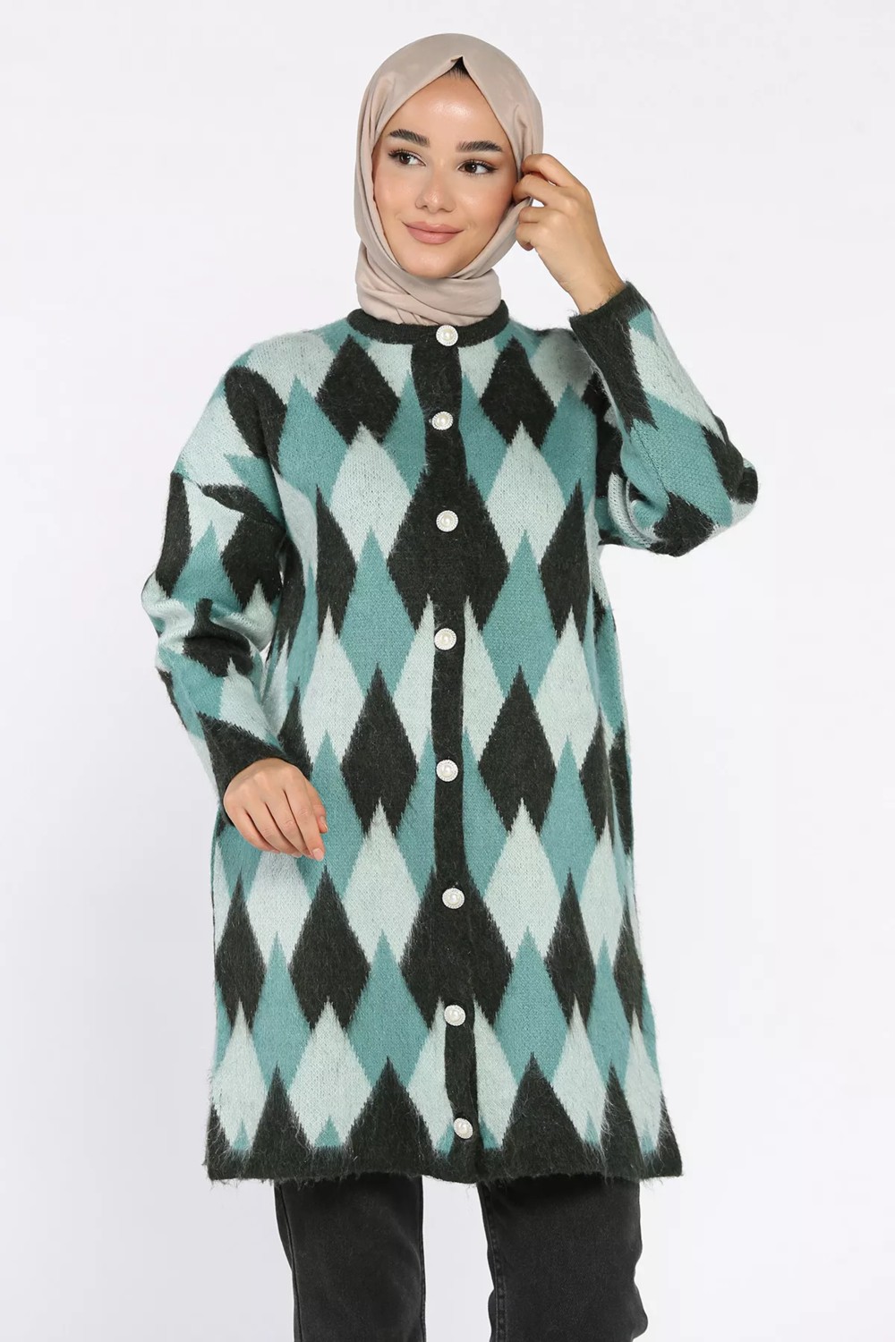Julude Inci Düğmeli Geometrik Desenli Tesettür Triko Hırka (S-M-L-Xl Beden Uyumludur.) P-00018414 görsel 2