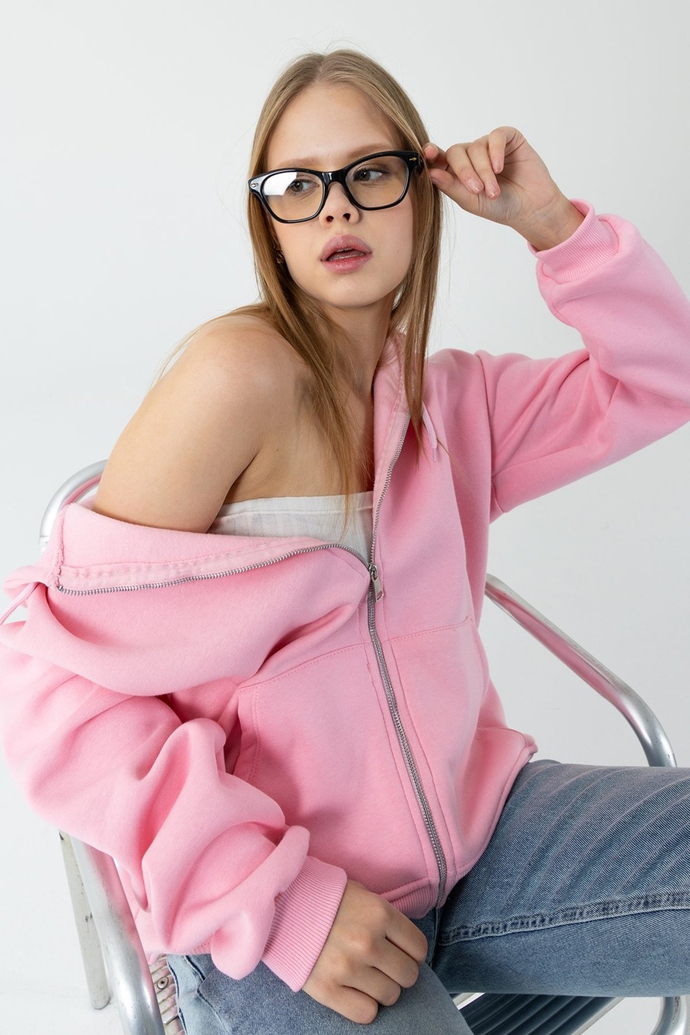 Giysa Kadın Indigo Fermuarlı Şardonlu Kapüşonlu Oversize Sweatshirt - 9015