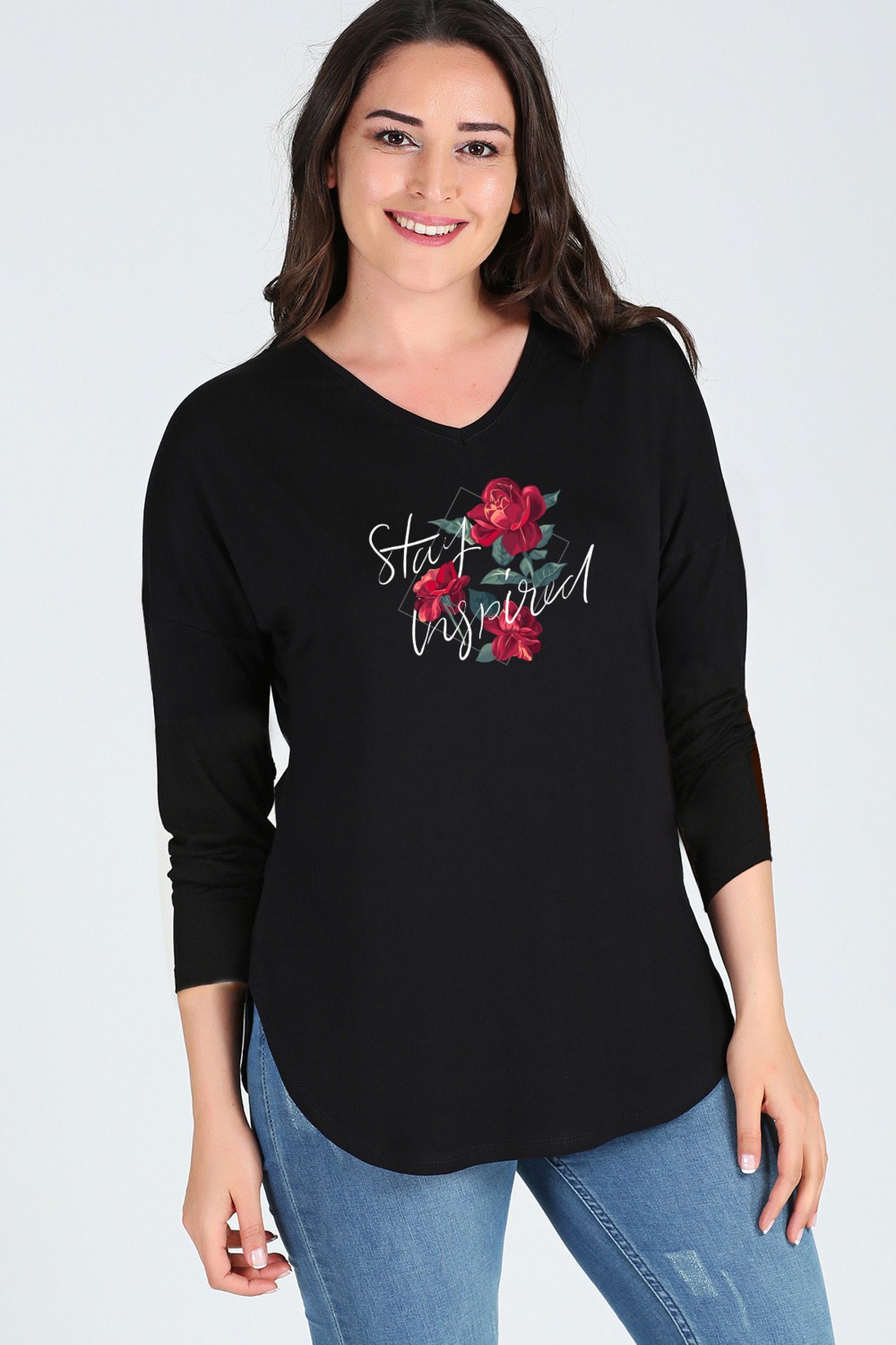 Curvy Trend Büyük Beden Stay Inspired Baskılı Uzun Kol Yan Yırtmaç Bluz