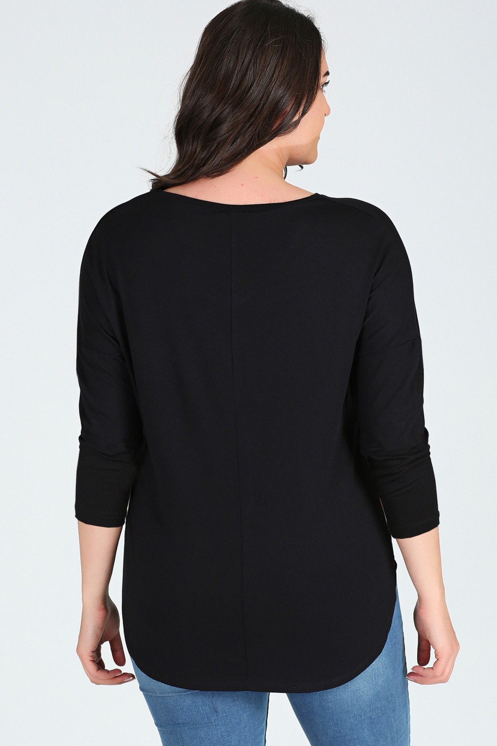 Curvy Trend Büyük Beden Stay Inspired Baskılı Uzun Kol Yan Yırtmaç Bluz görsel 2