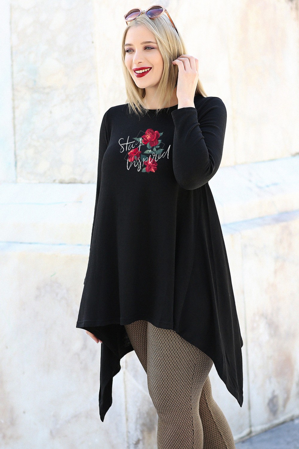 Curvy Trend Büyük Beden Stay Inspired Baskılı Etek Verev Uç Uzun Kol Tunik