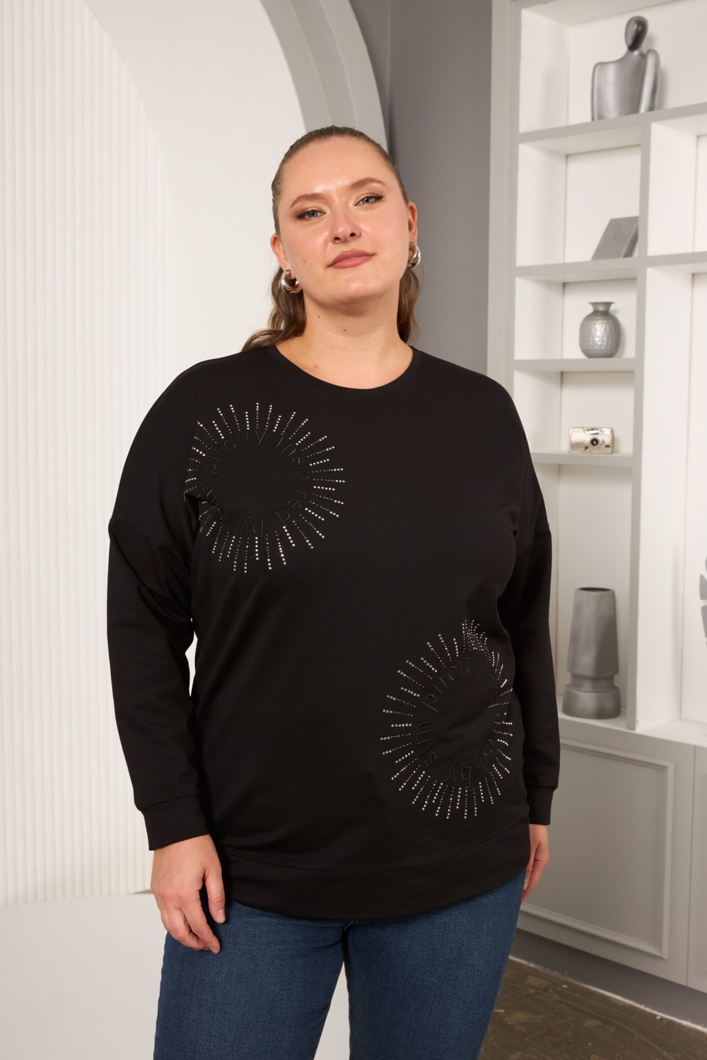 Rmg Büyük Beden Taş Baskılı Yazılı Sweatshirt