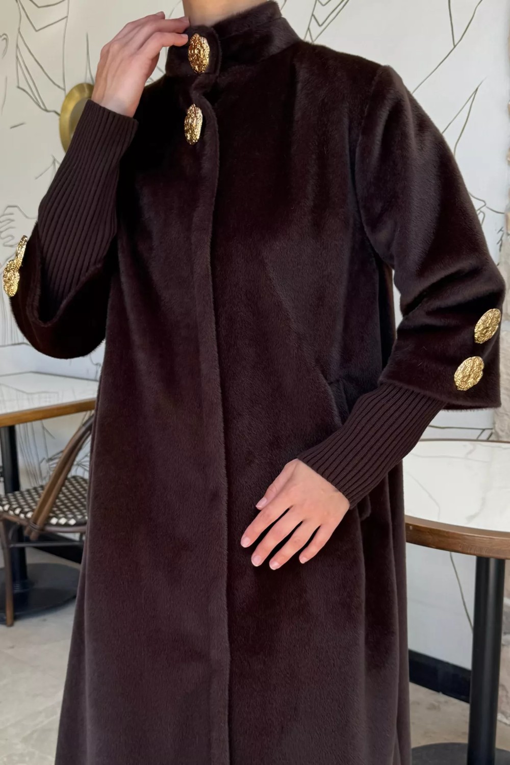Julude Kadın Gold Düğme Detaylı Iç Astarlı Sakallı Kaban P-00018443 görsel 4