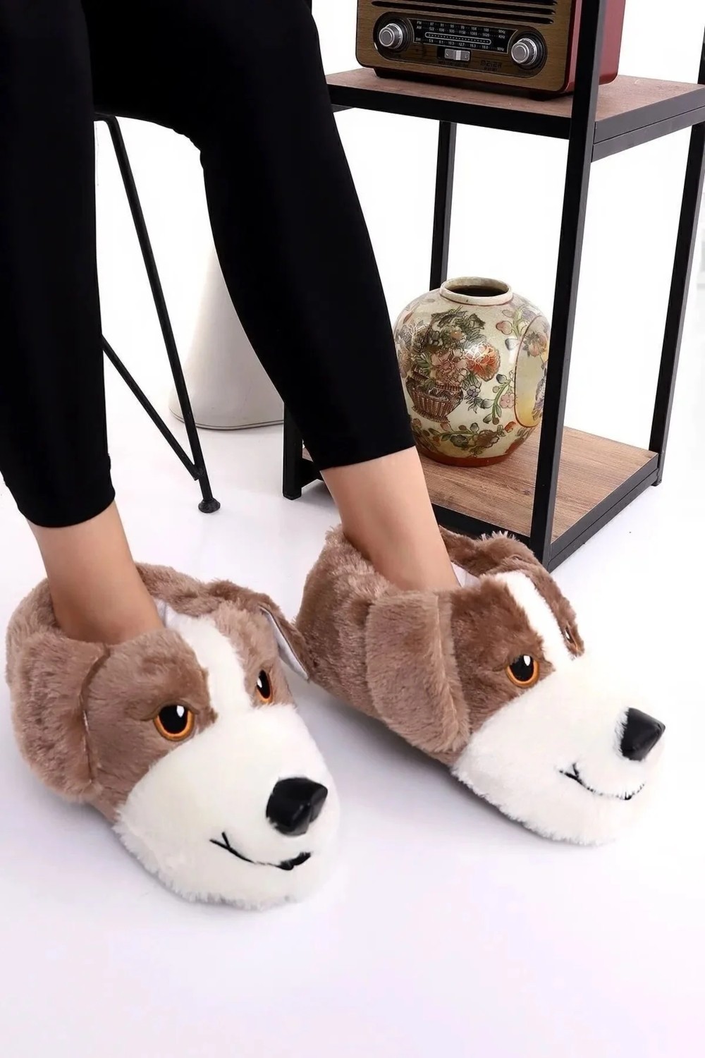 Behtah Kundura Unisex Köpek Figürlü Peluş Panduf Ev Pandufu Ev Botu Ev Ayakkabısı Ayağı Sıcak Tutar