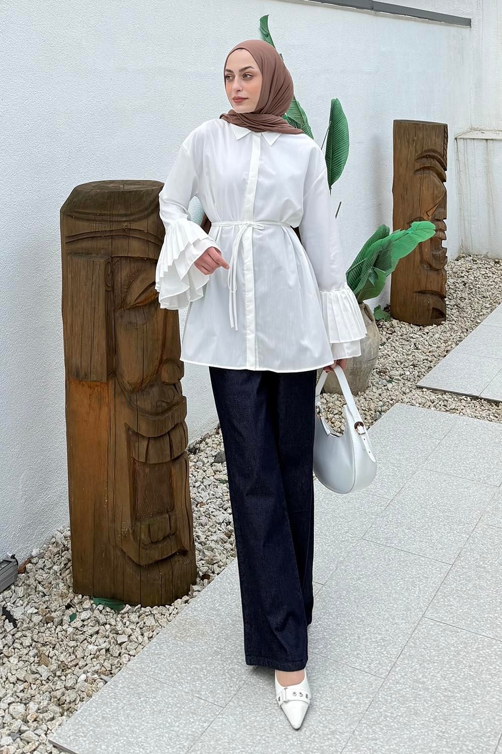 Lamelif Kadın Oversize Piliseli Uzun Gömlek Lacivert Düz Desenli Pamuk - Polyester Malzeme ile Şık Tasarım