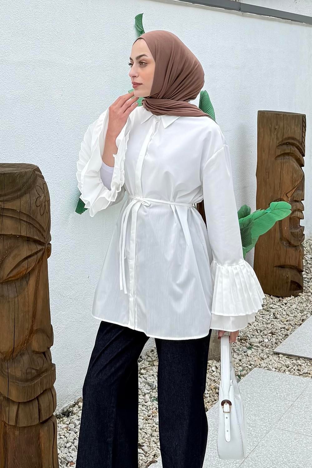 Lamelif Kadın Oversize Piliseli Uzun Gömlek Lacivert Düz Desenli Pamuk - Polyester Malzeme ile Şık Tasarım görsel 2